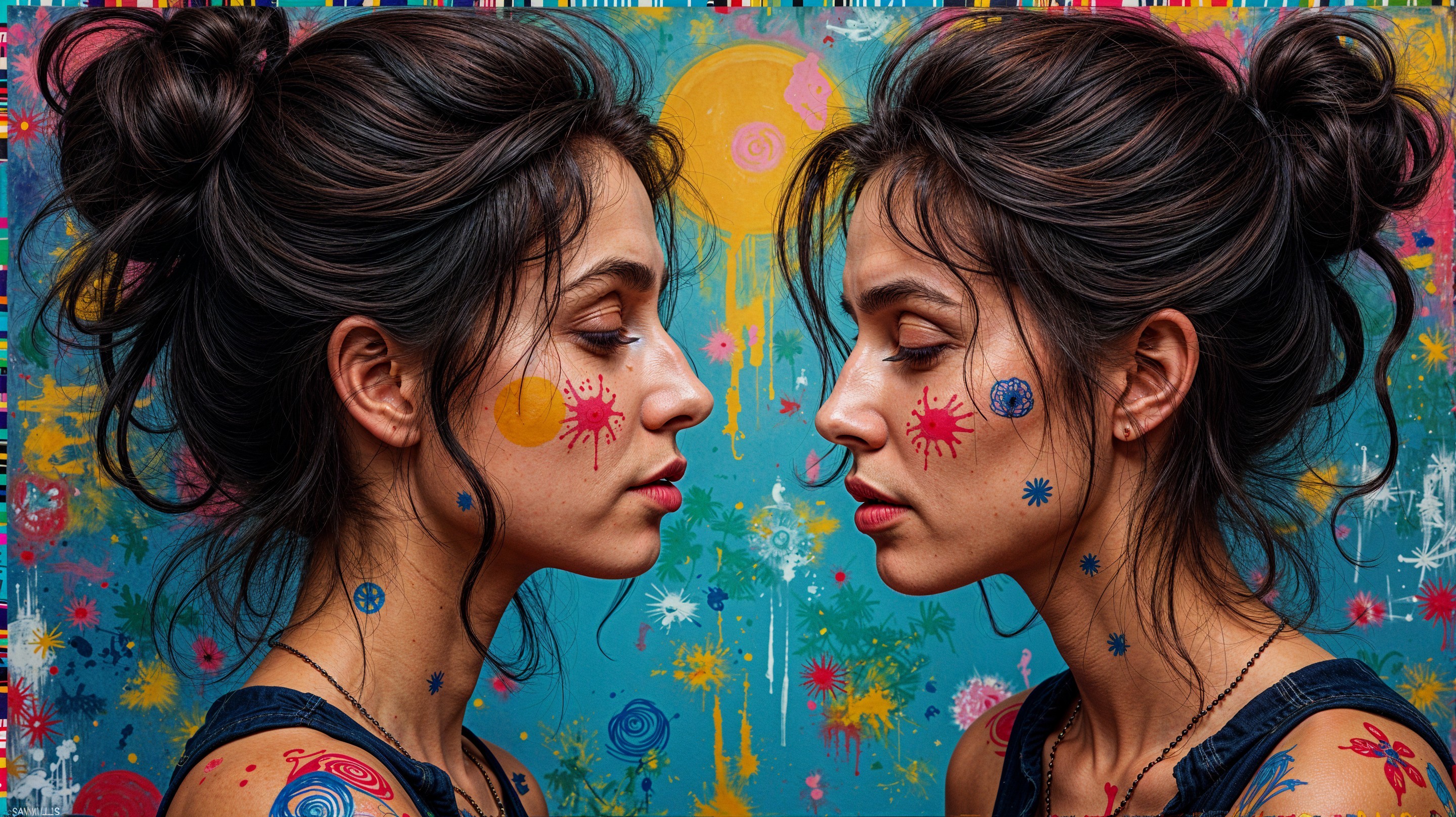 Profile View of Two Identical Women with Face Paint