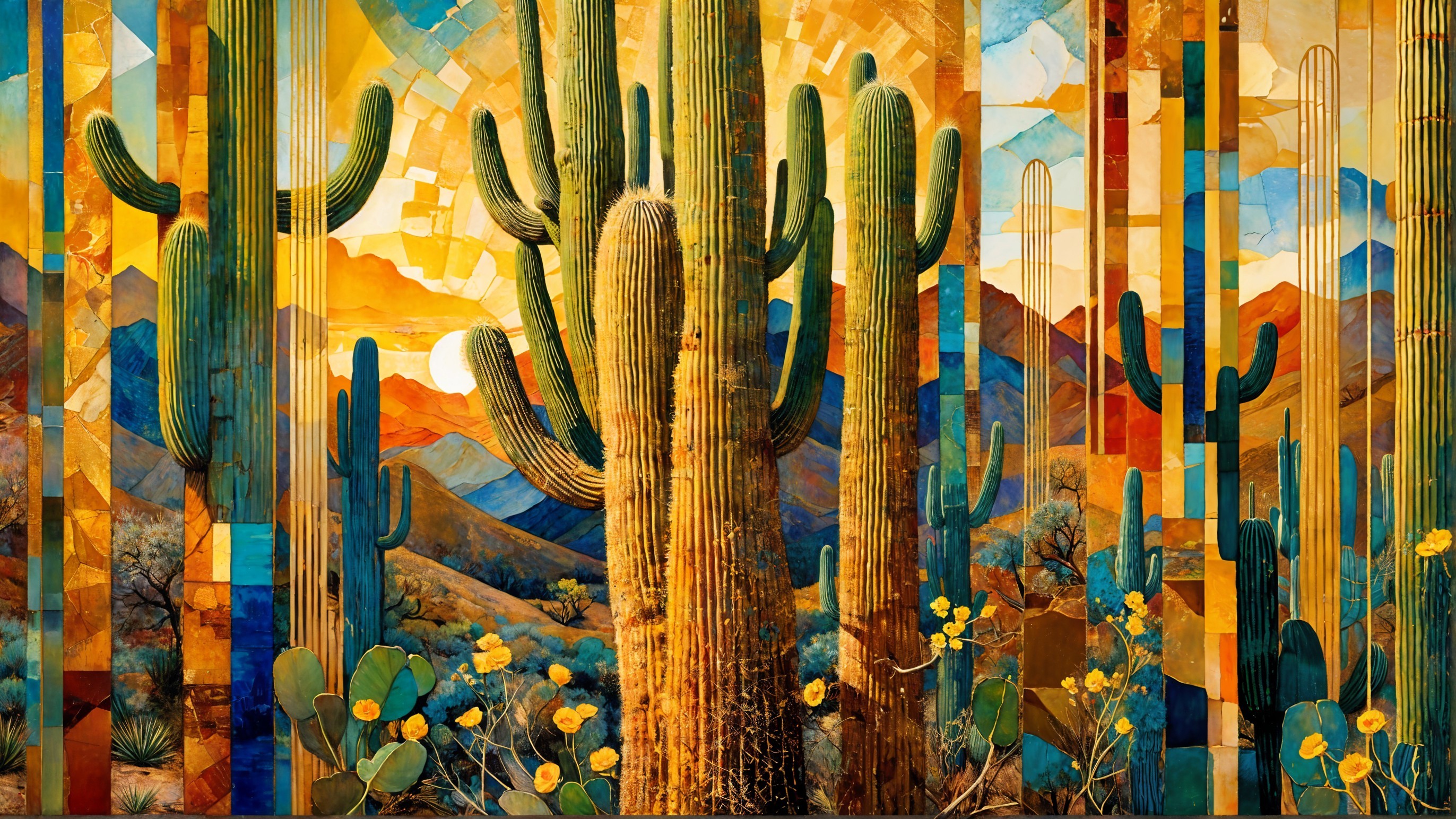 Vibrant Desert Landscape with Cacti and Colorful Mountains