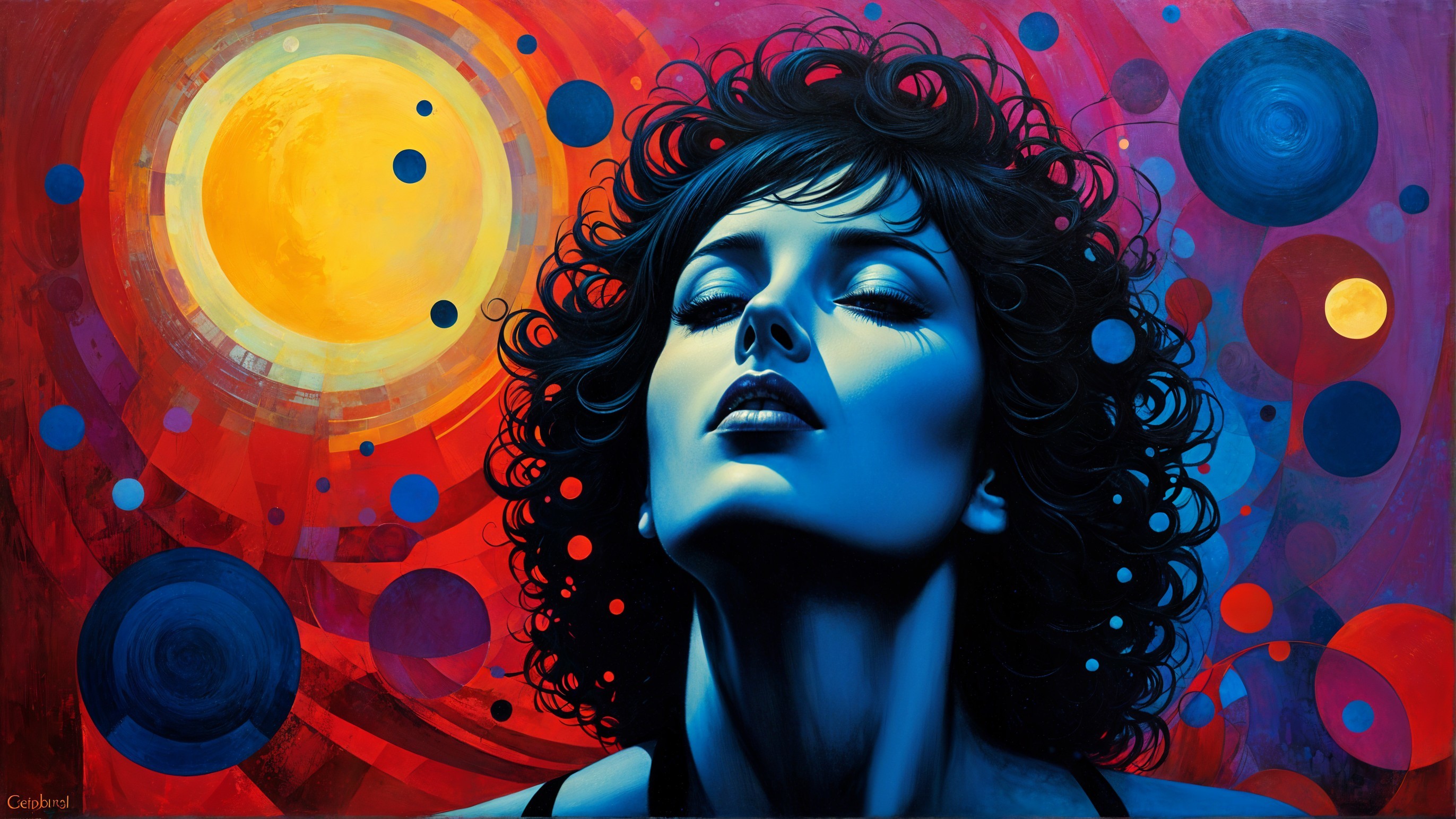 Striking Woman with Blue Tinted Face and Colorful Background