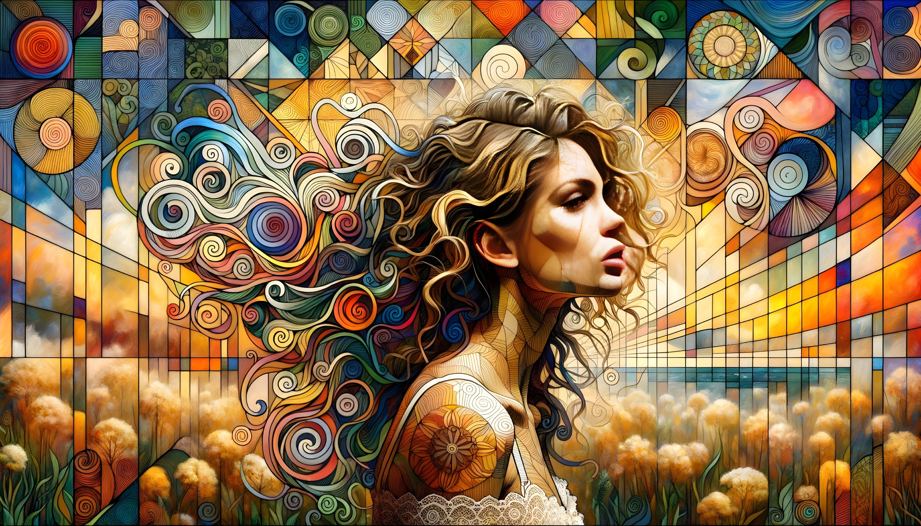 Portrait of a Woman with Curly Hair and Colorful Background