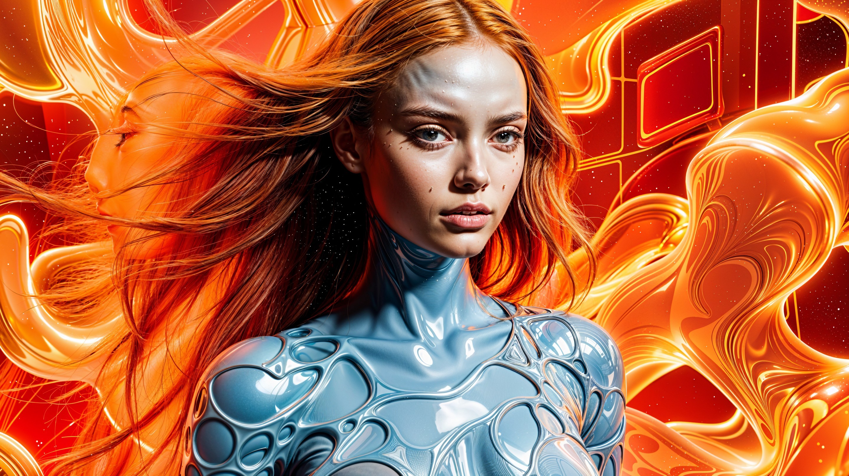 Futuristic portrait of a model in metallic blue bodysuit