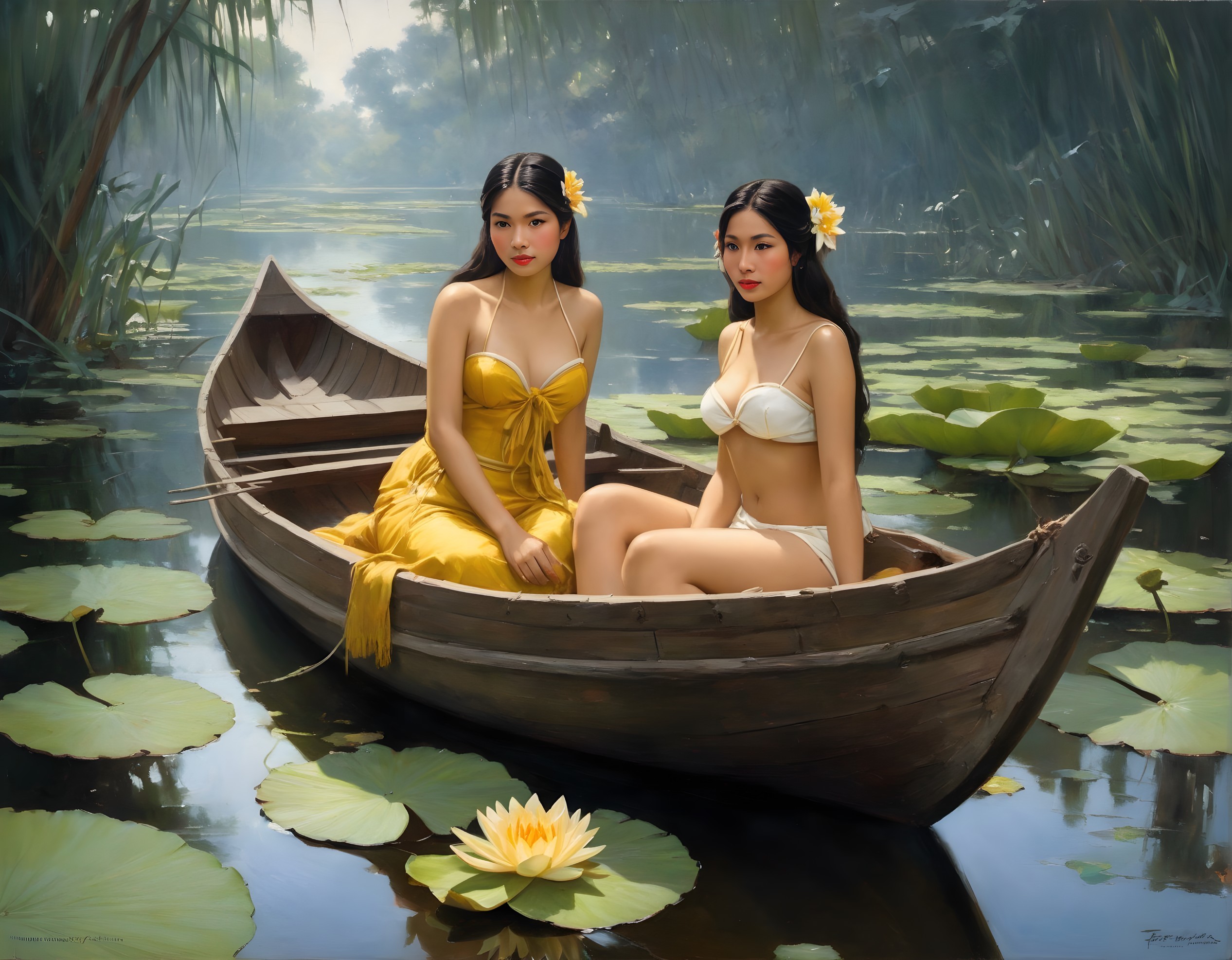 Young women in boat amidst greenery and lily pads