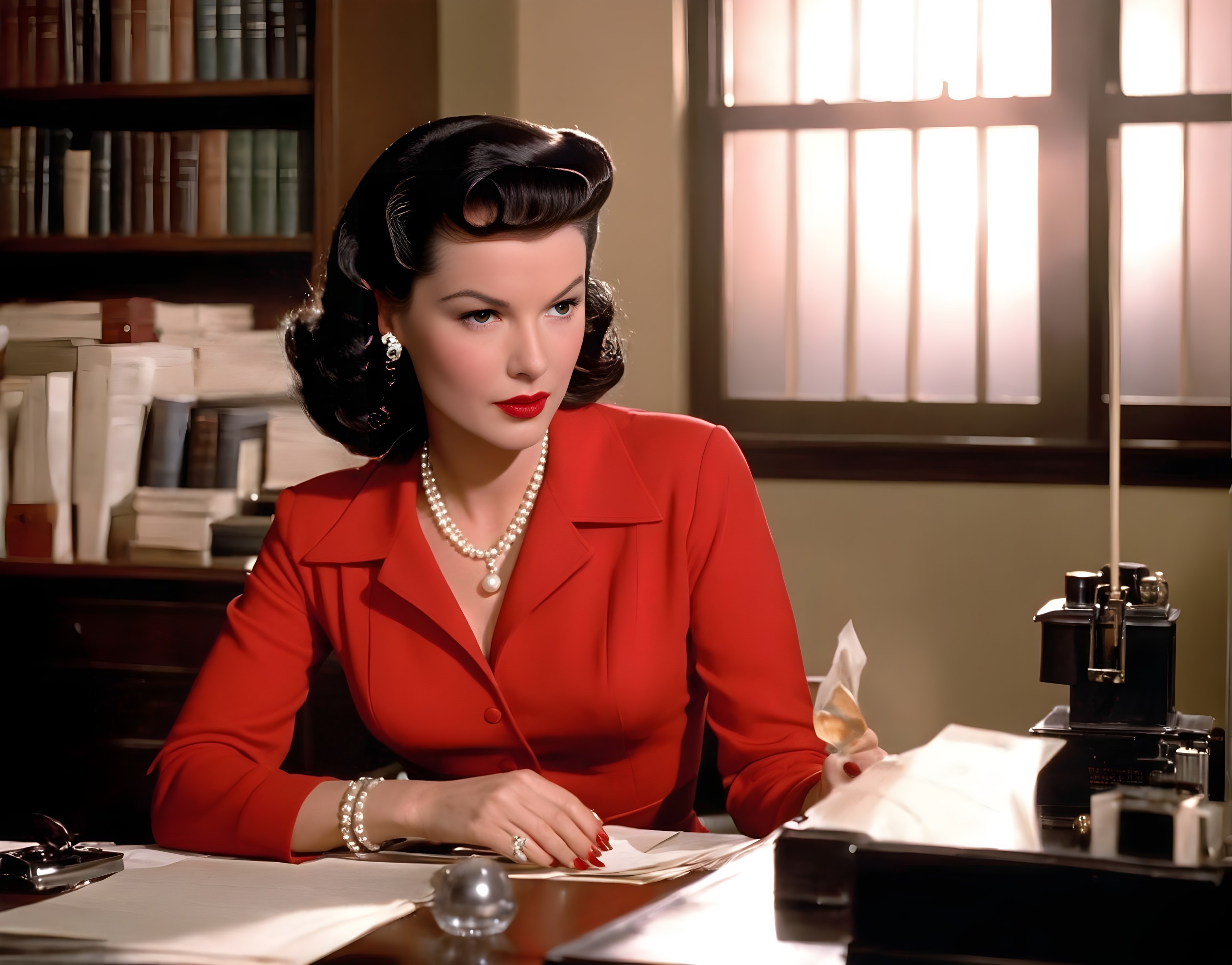 Stylish Woman in Red Dress in Elegant Office Setting