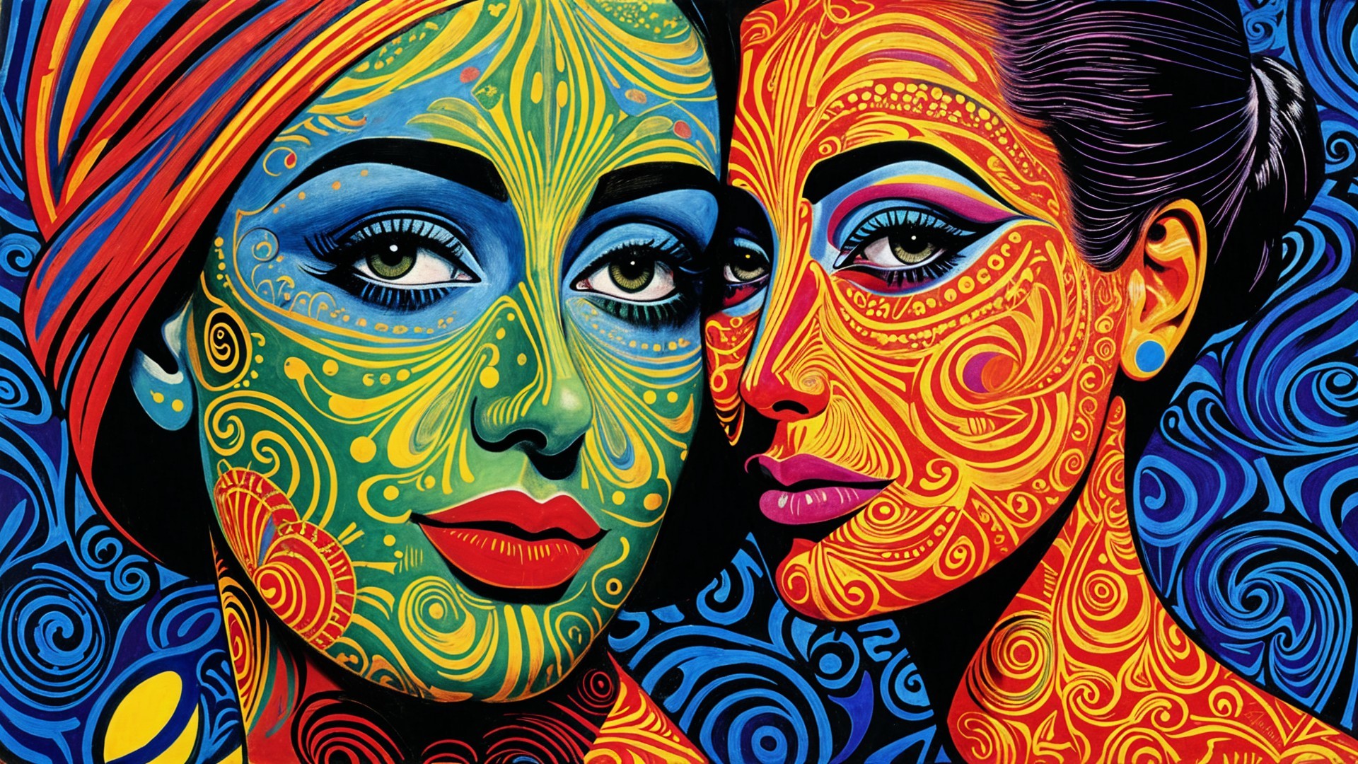 Vibrant Face Paint on Two Women with Bold Colors