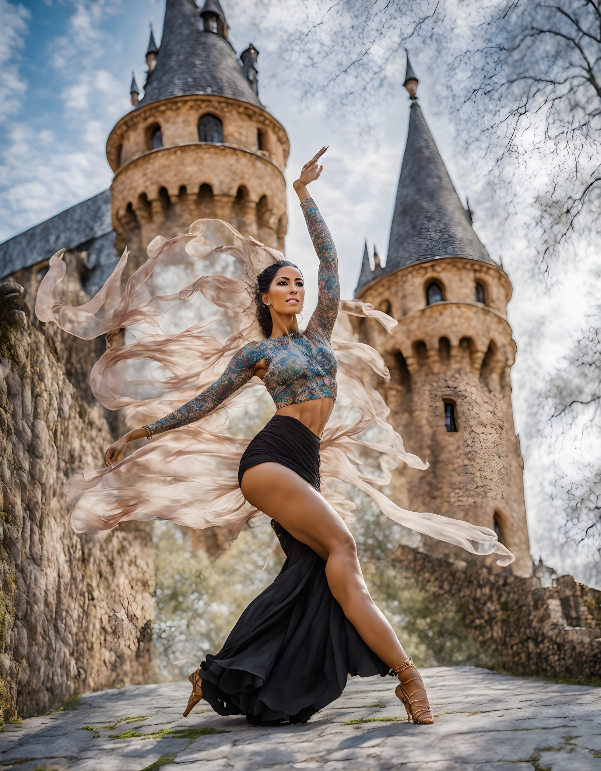 Dancer in Medieval Castle with Flowing Black Skirt