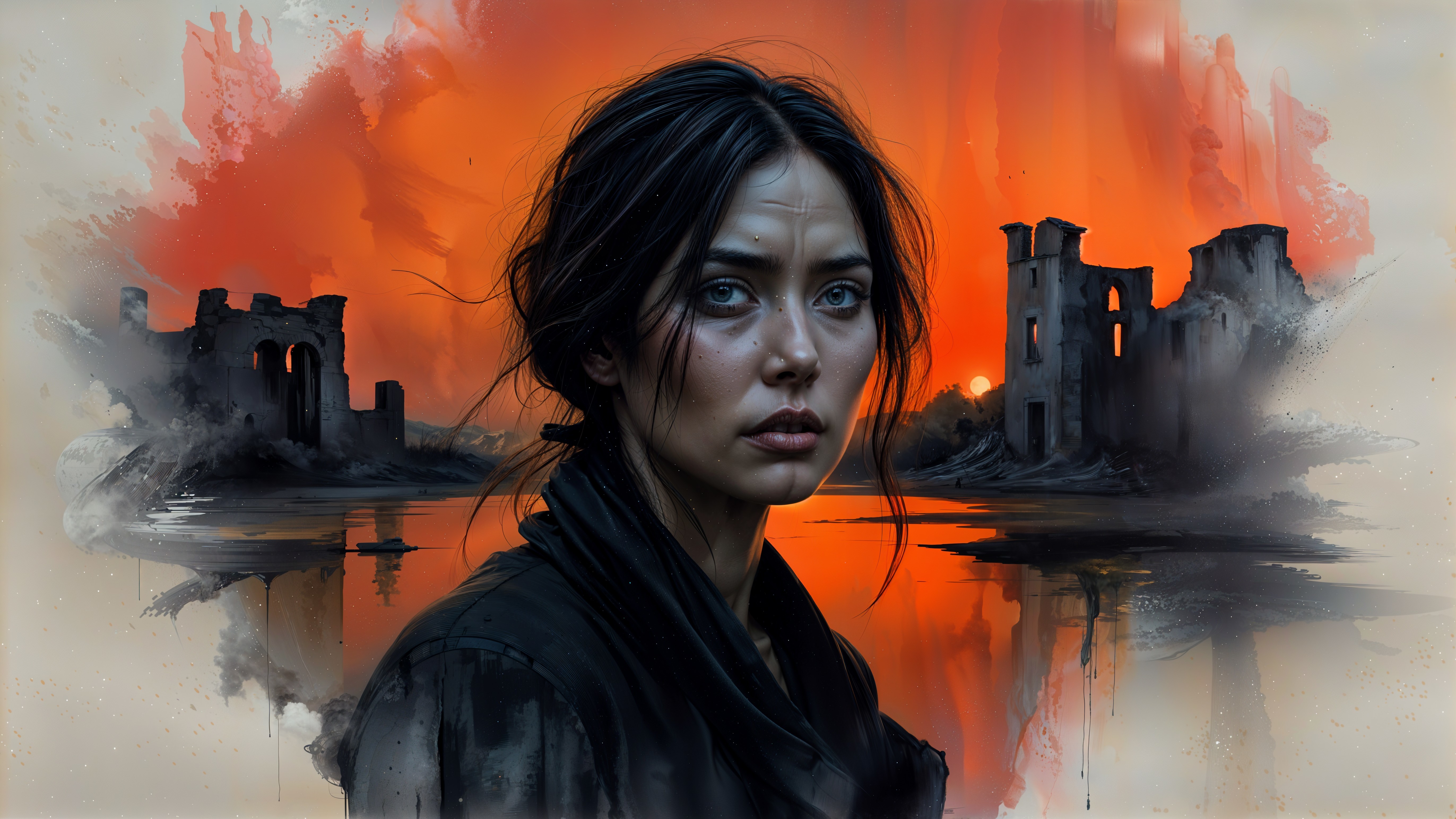 Young woman in contemplation against orange sky