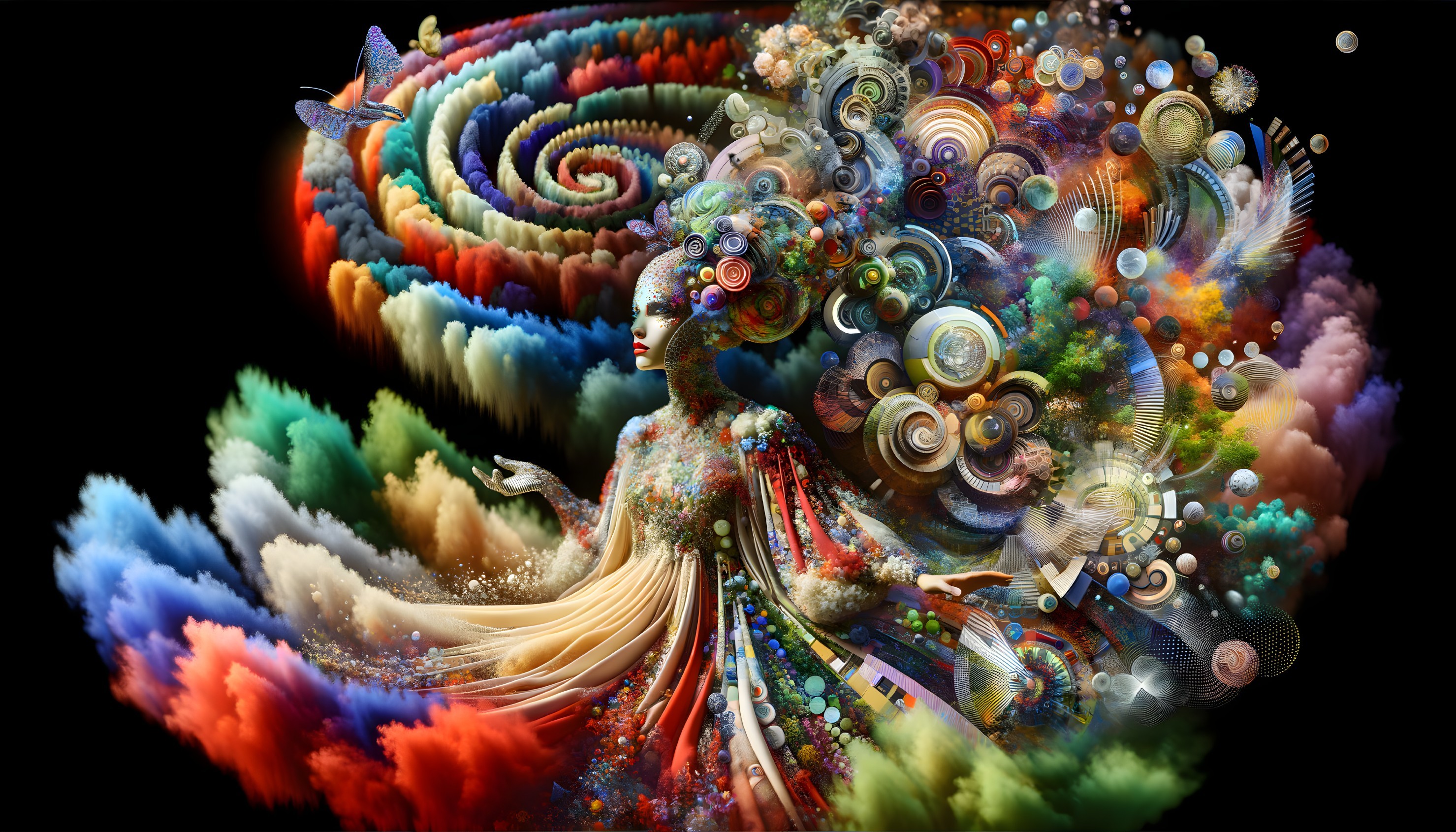 Vibrant Composition with Ethereal Figure and Whimsical Elements