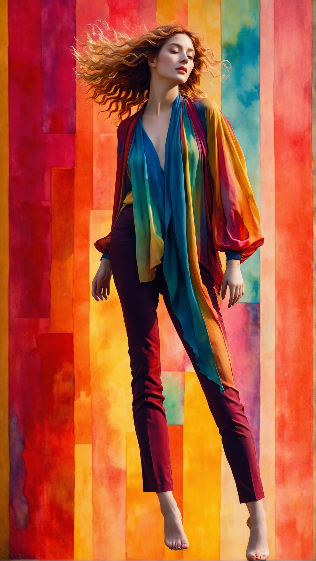 Model in Multicolored Outfit Against Abstract Background