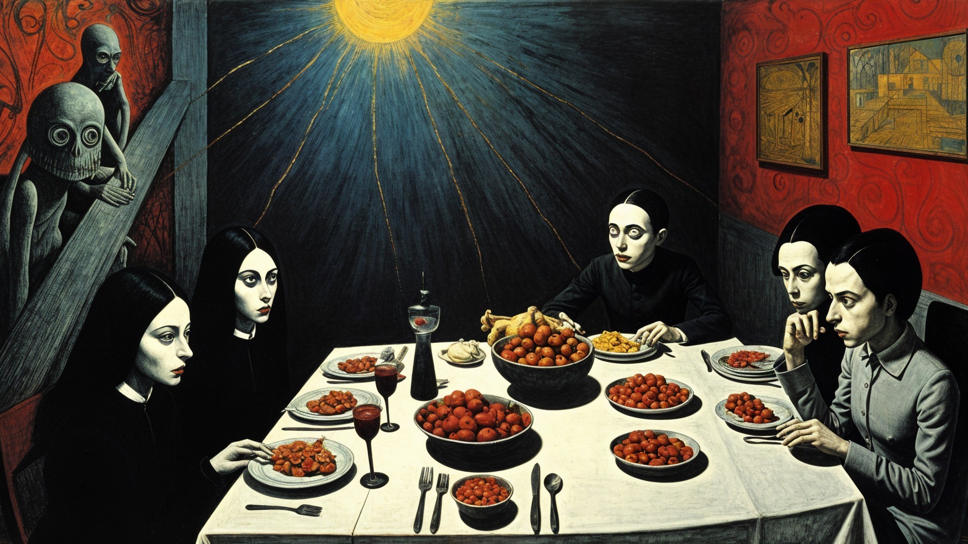Surreal Dinner Scene with Women and Dramatic Lighting