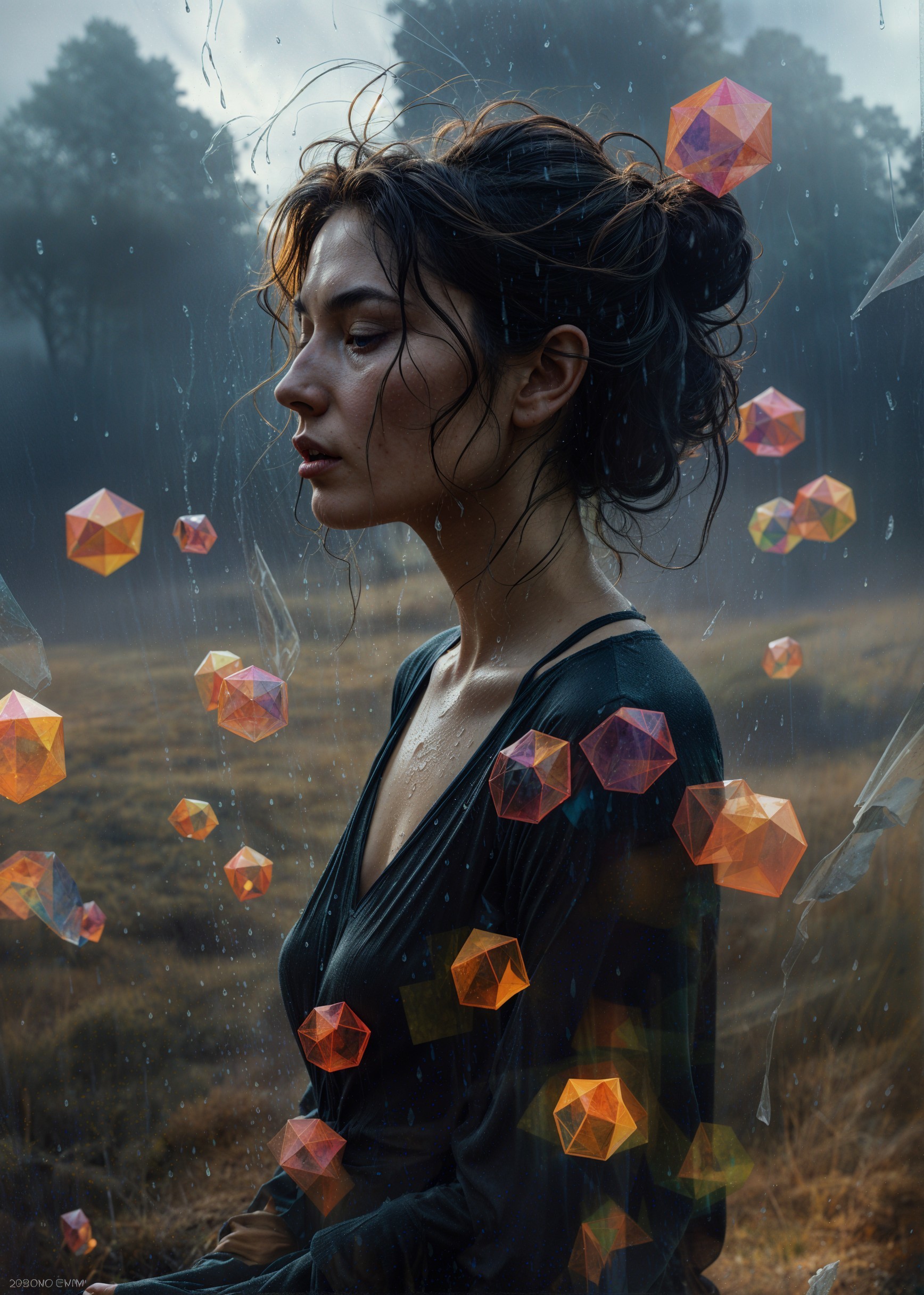 Contemplative Woman in Misty Surreal Landscape