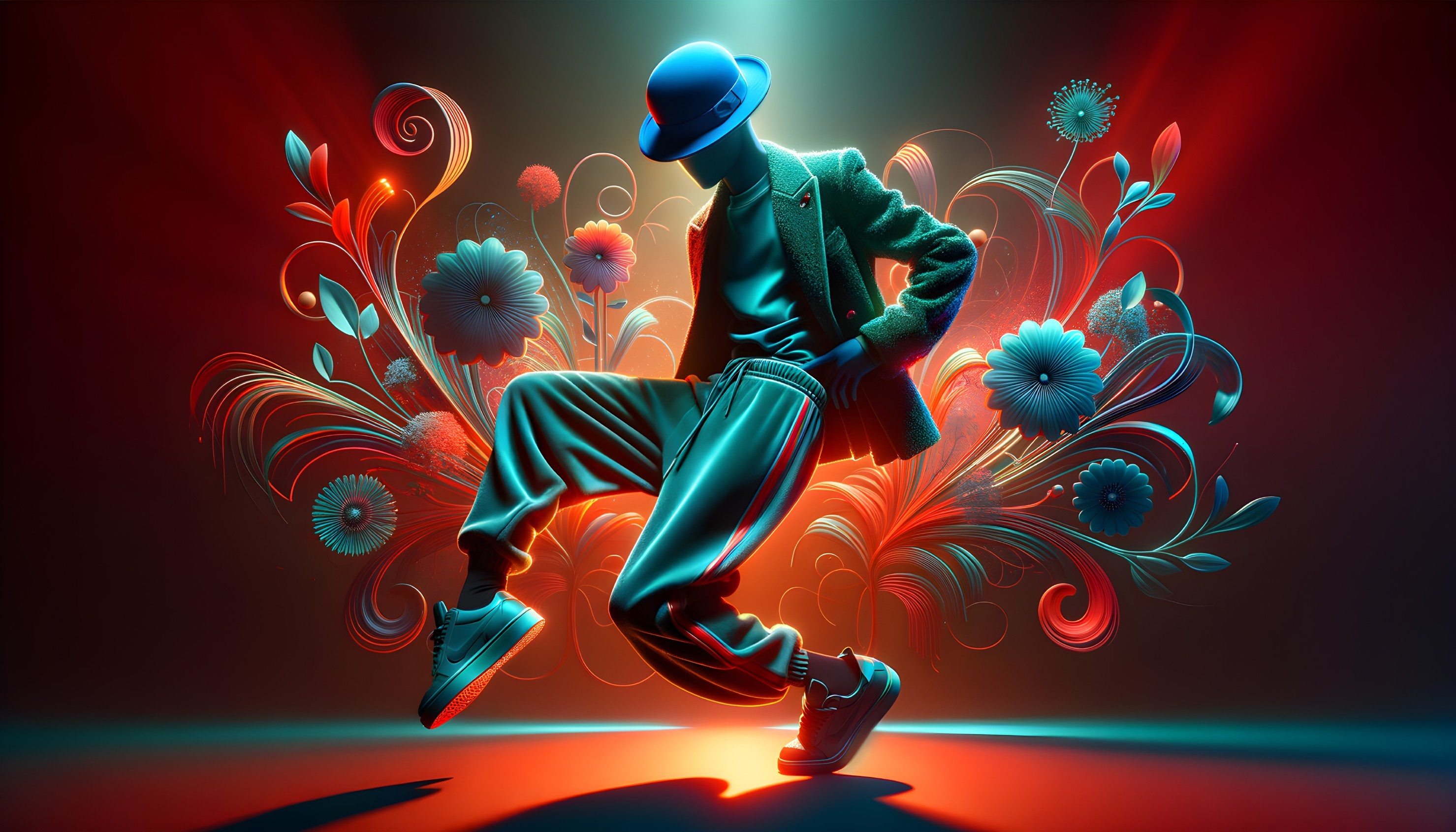 Stylized Dancer in Urban Attire with Floral Background