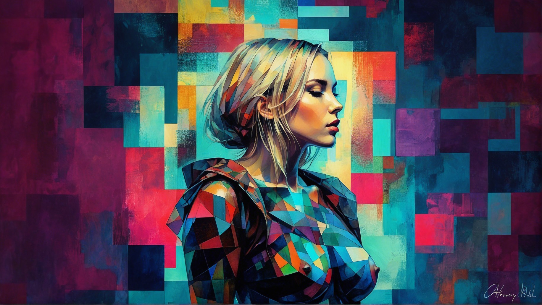Abstract Portrait of a Woman in Colorful Geometric Shapes