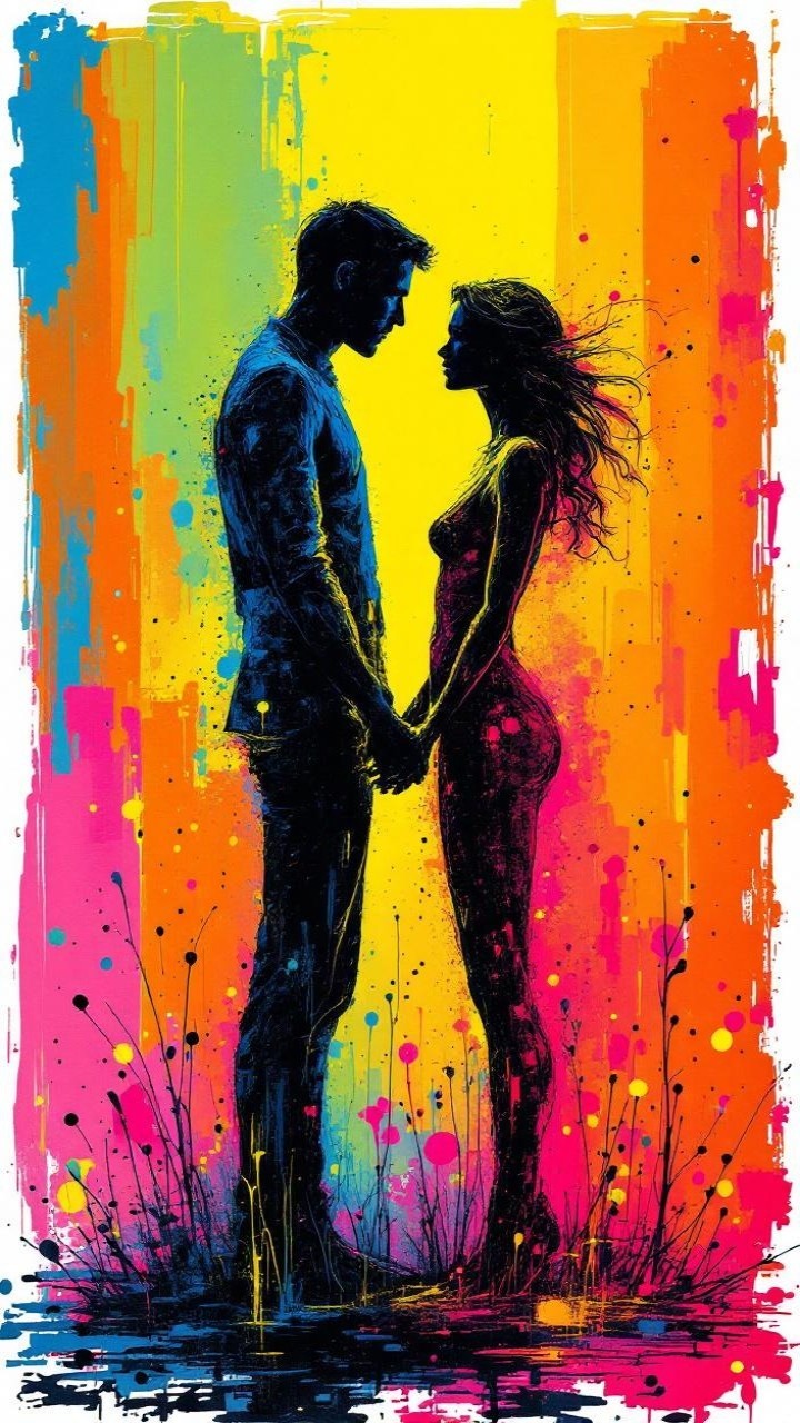 Couple in Silhouettes Amidst Vibrant Abstract Colors