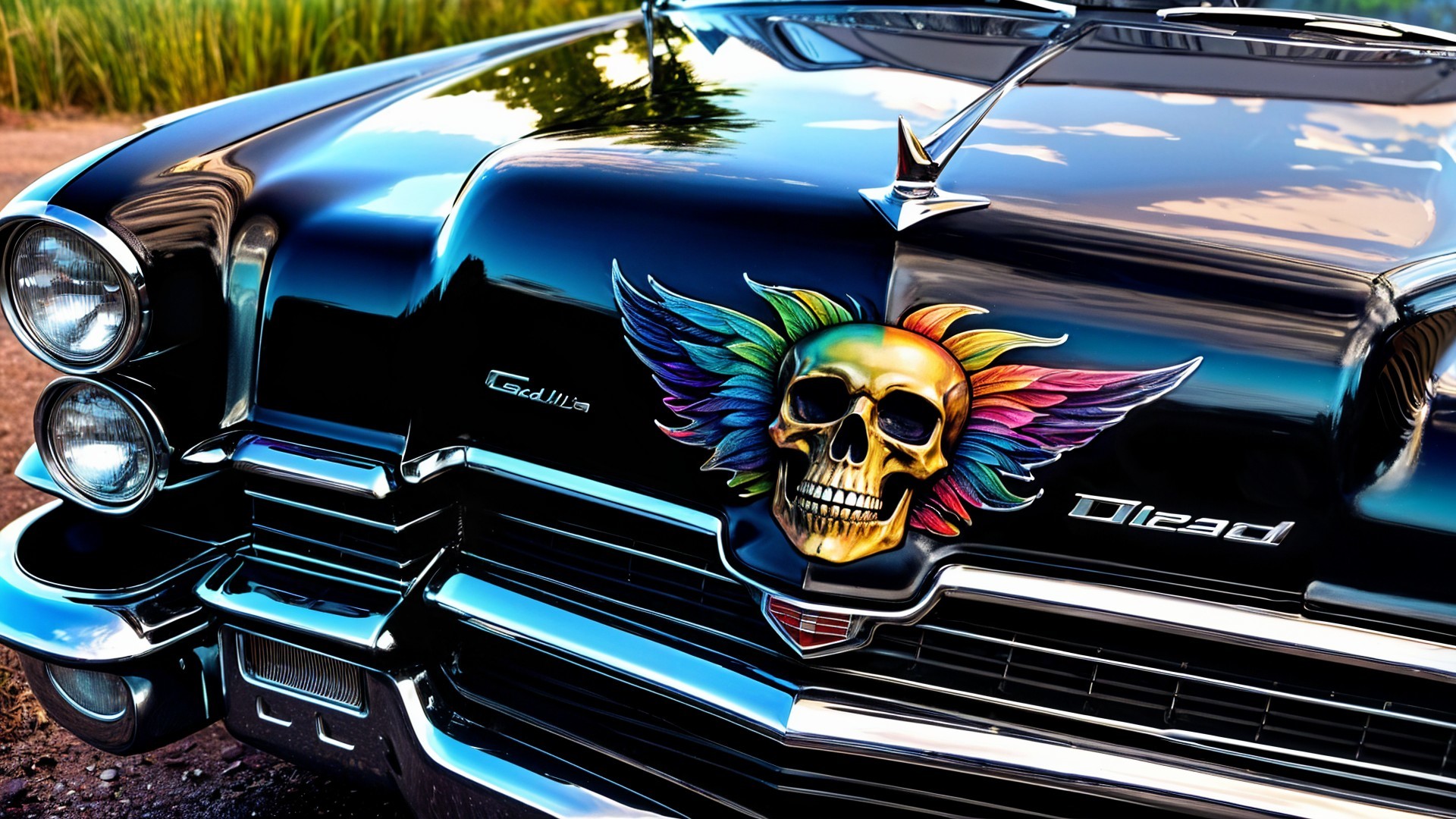 Sleek Black Cadillac with Colorful Skull Hood Ornament