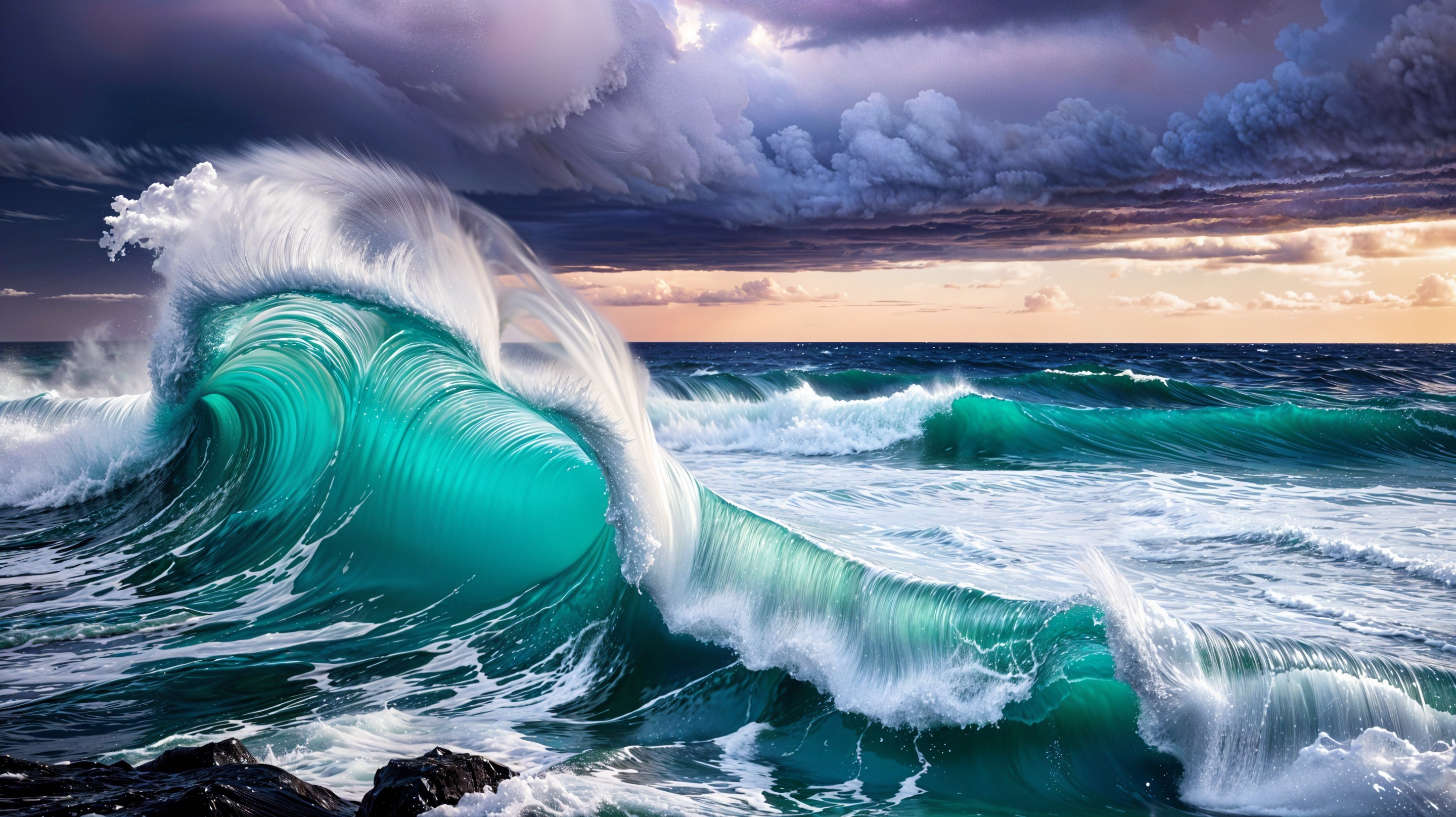 Vibrant Seascape with Powerful Ocean Wave and Sunset