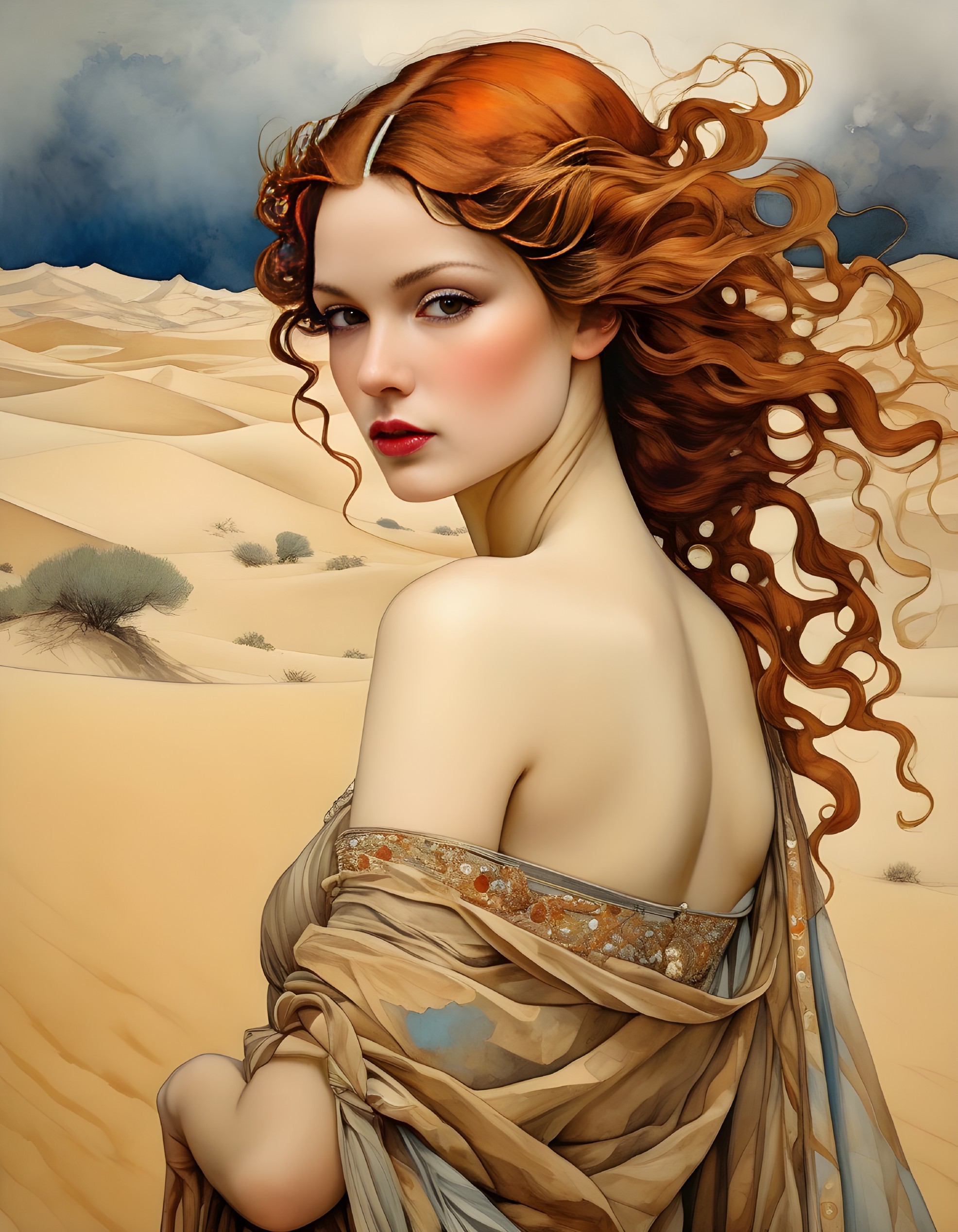 Elegant Woman in Desert with Curly Red Hair