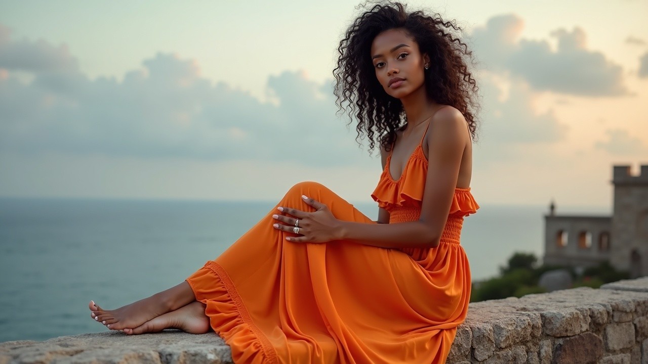 Young Woman in Orange Dress Overlooking Tranquil Sea