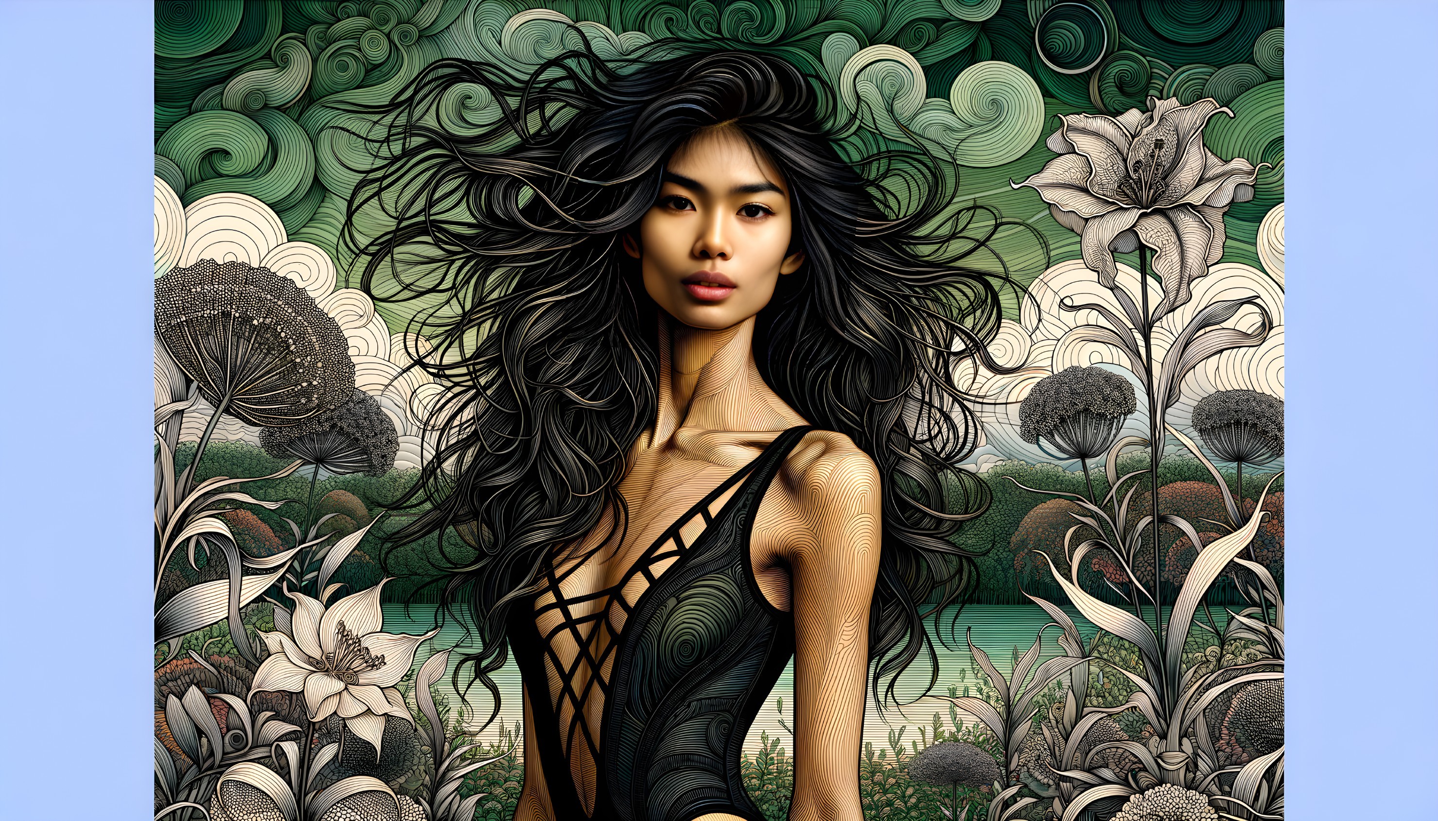 Woman in Black Outfit Surrounded by Lush Patterns