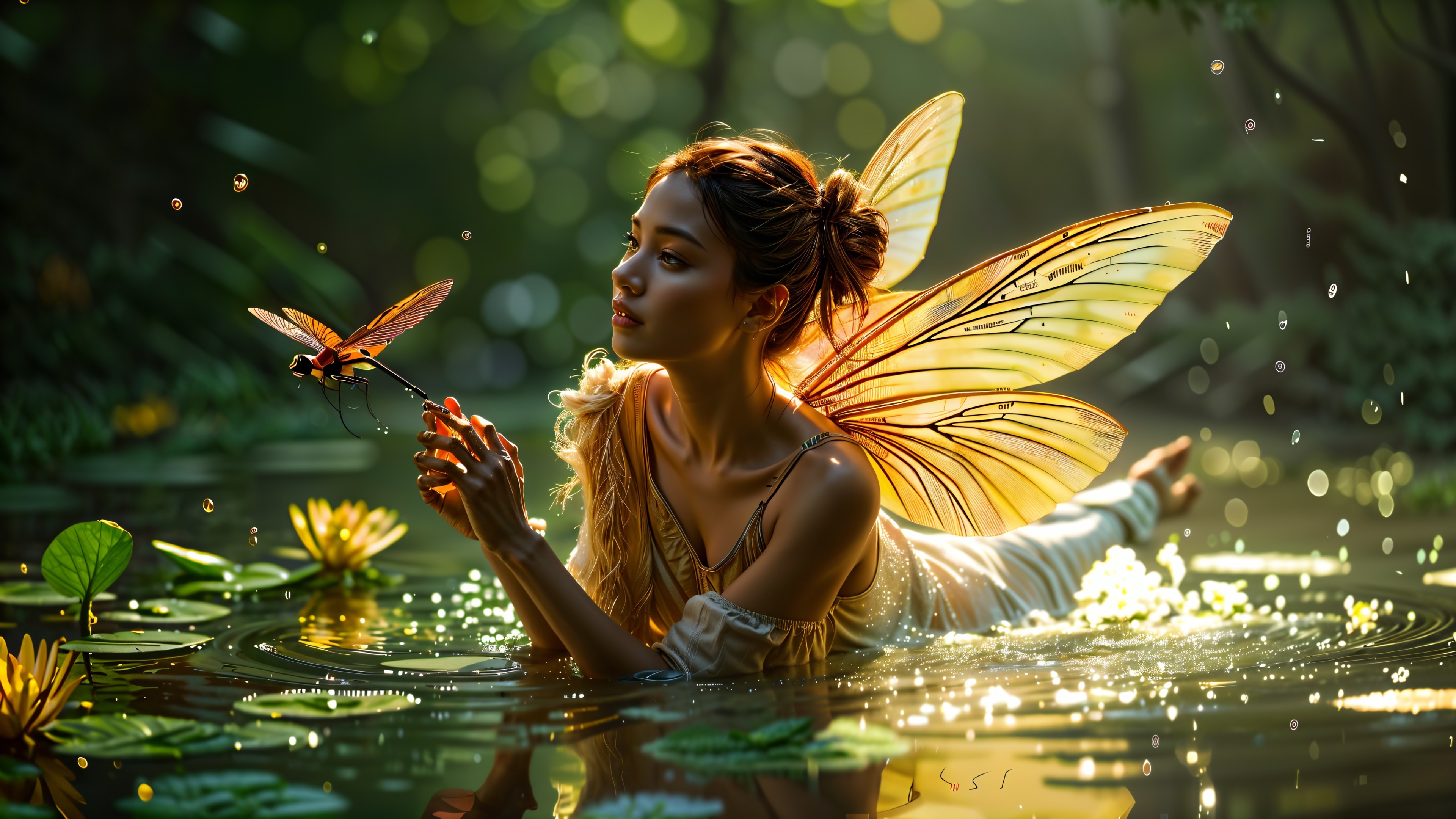 Fairy with Translucent Wings in Tranquil Pond Scene