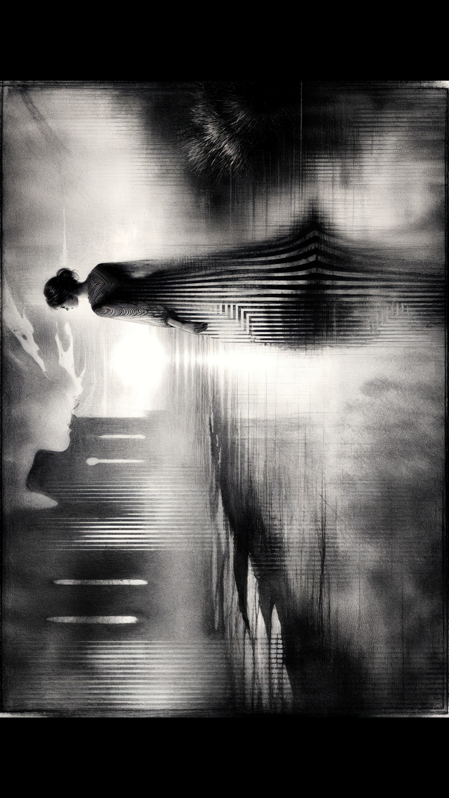 Ethereal Figure in Dreamlike Landscape with Stripes