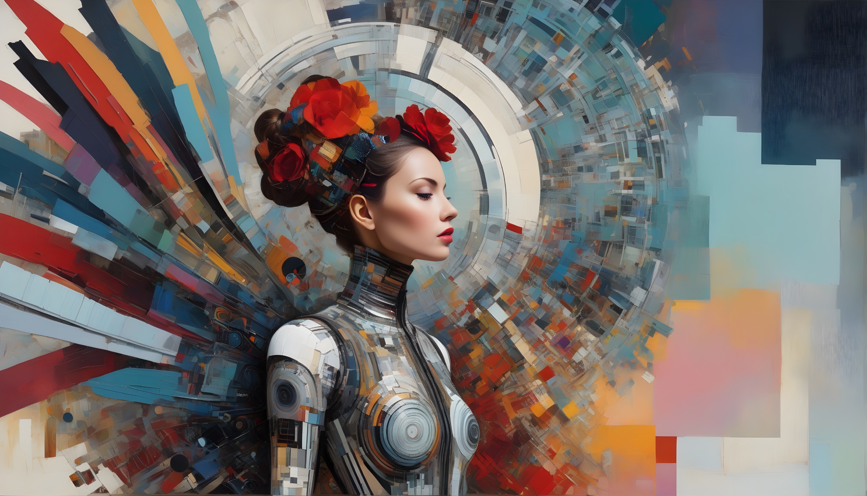 Portrait of a Woman with Robotic and Natural Elements