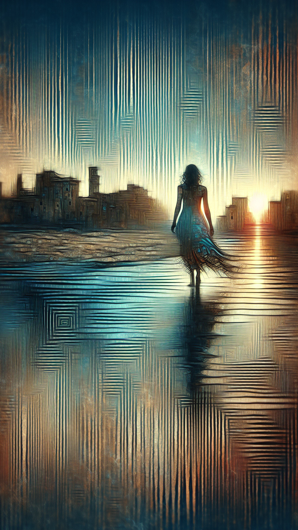 Woman in flowing dress by sunset shoreline with skyline