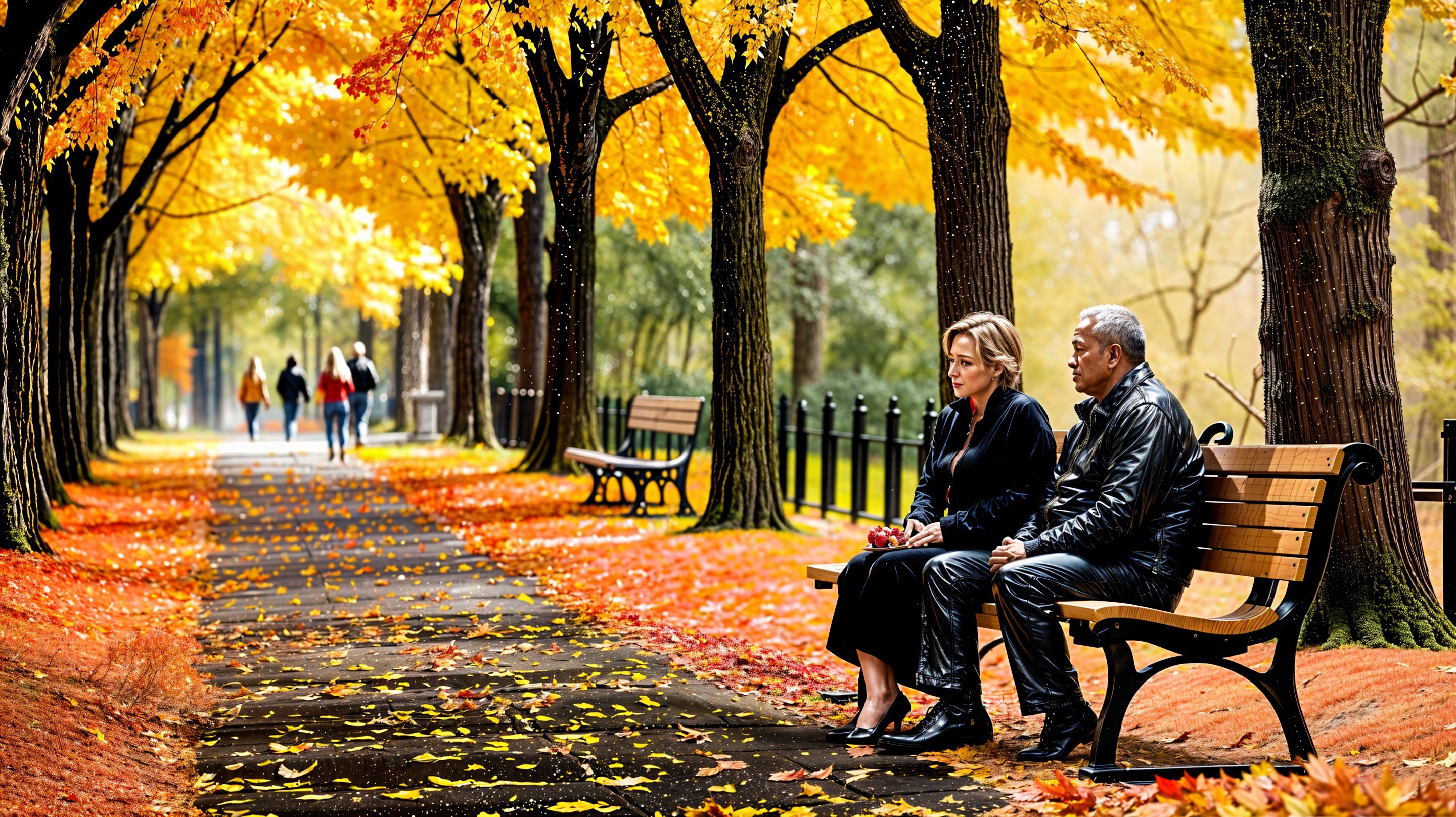Serene Park Scene with Autumn Trees and Fallen Leaves
