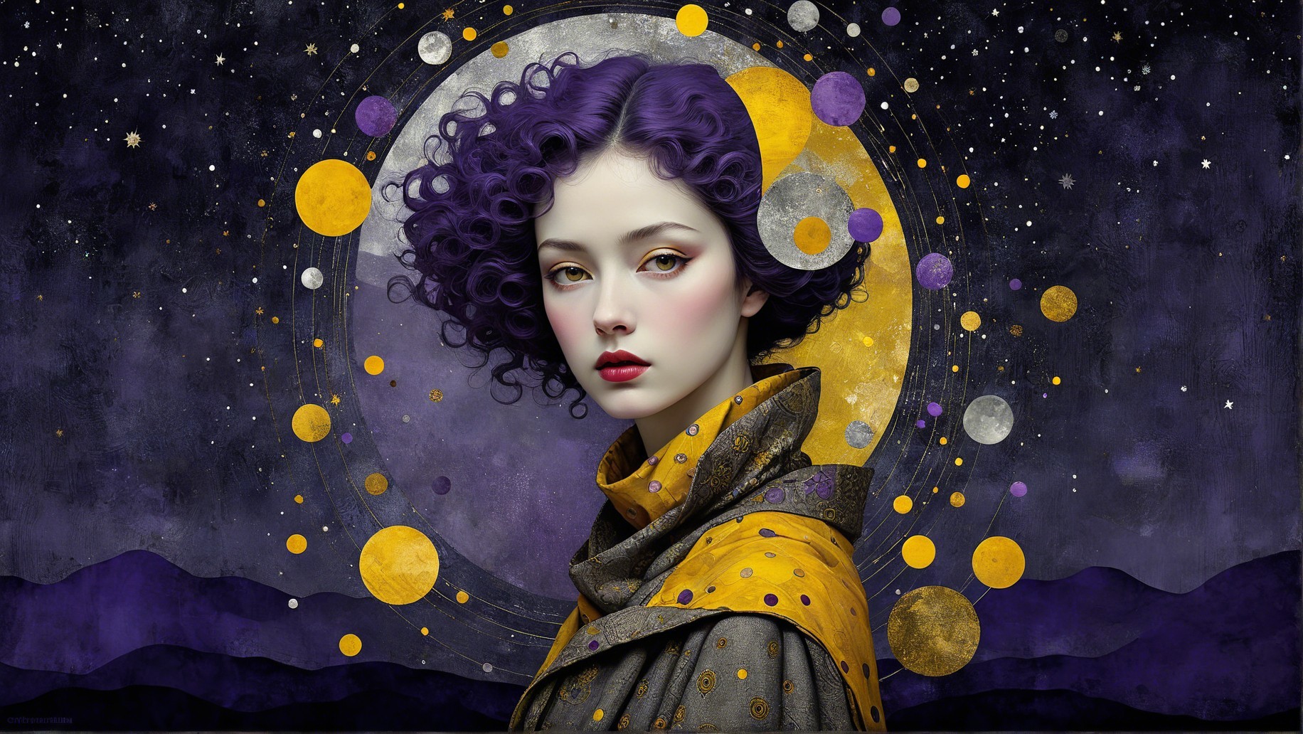 Young Woman with Purple Hair Against Starry Sky