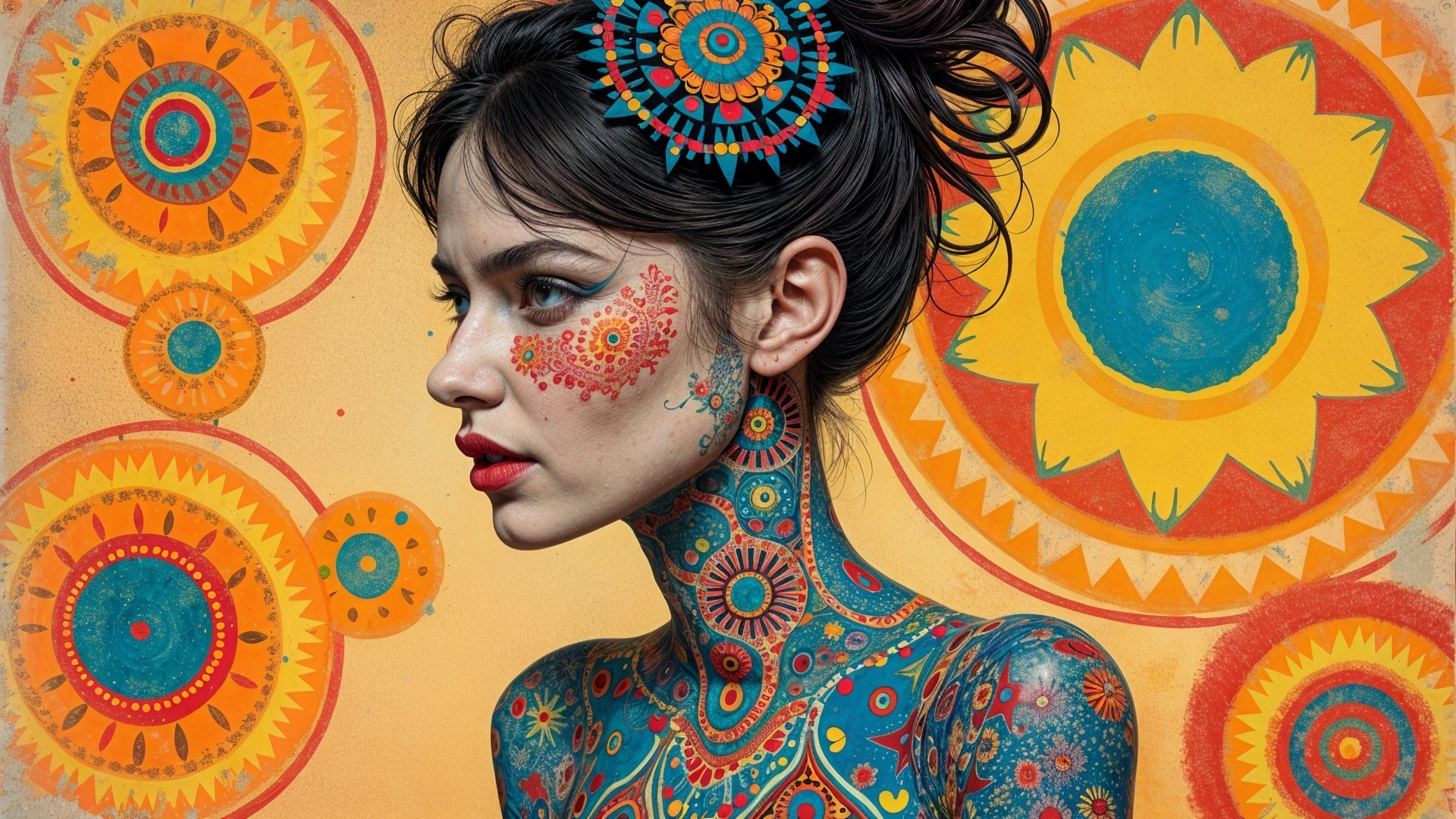 Colorful Body Art on Woman's Side Profile