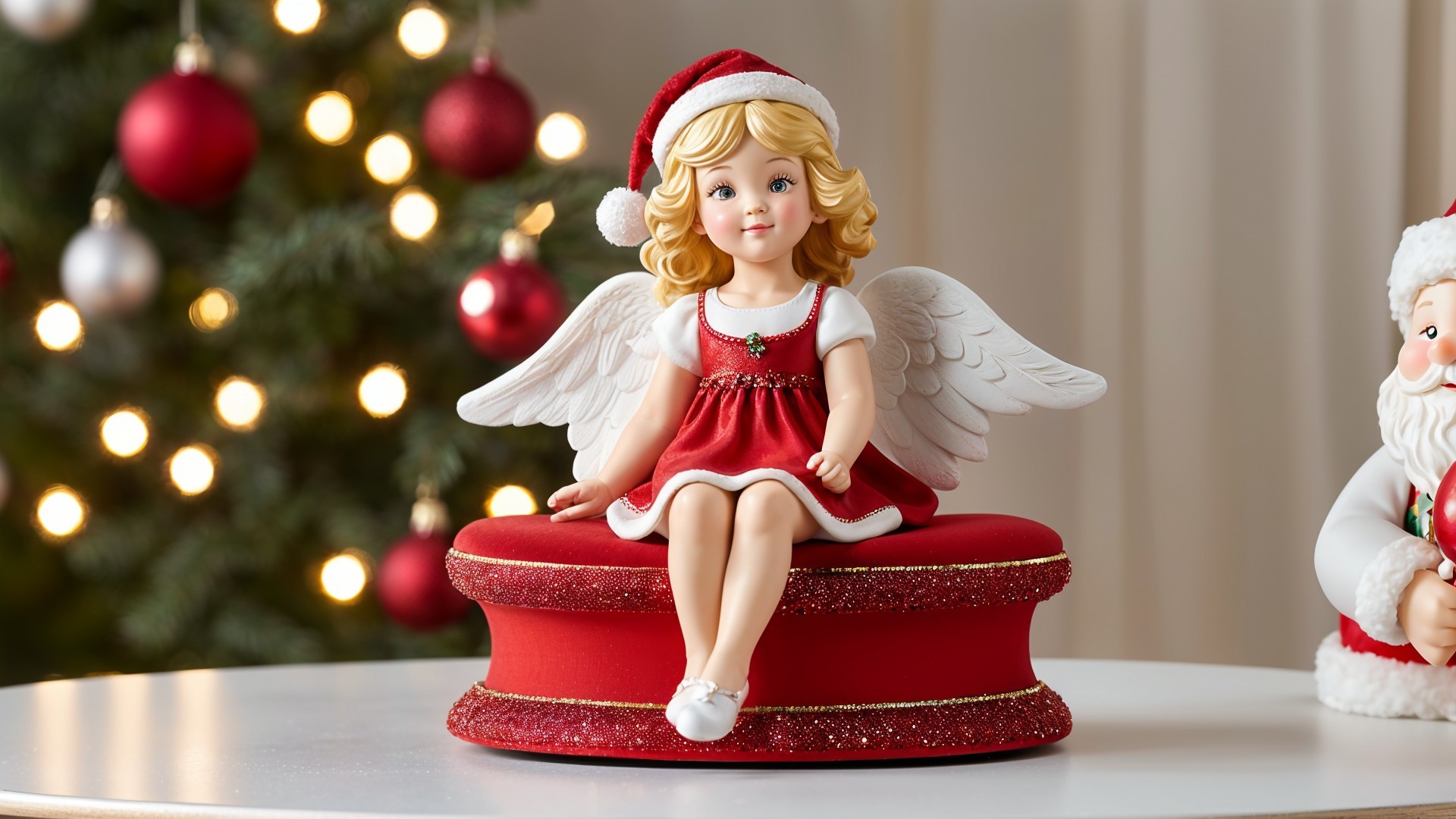 Holiday Figurine of Girl with Wings and Christmas Tree