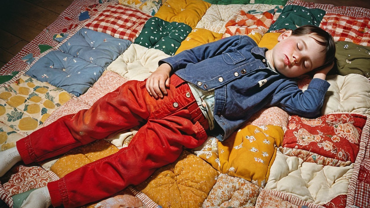 Young Boy Napping on Colorful Patchwork Quilt