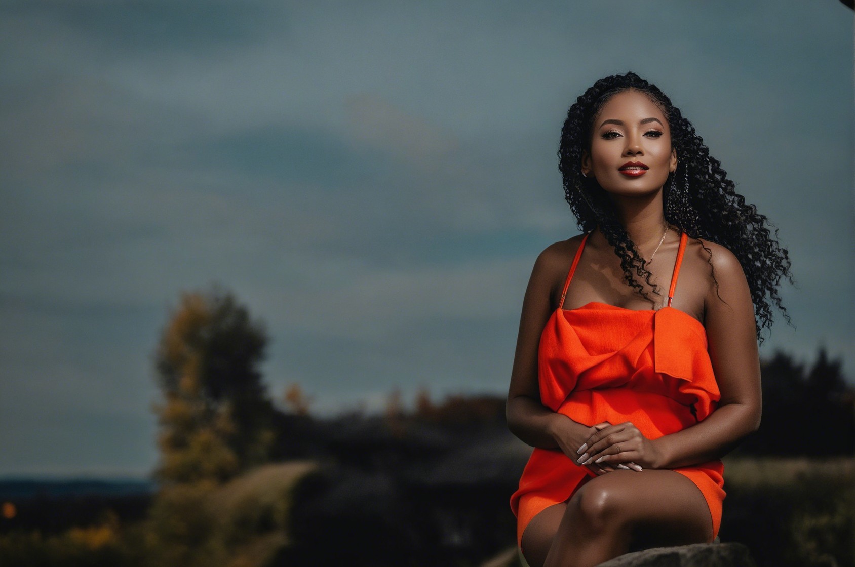 Woman in Orange Dress Surrounded by Autumn Foliage