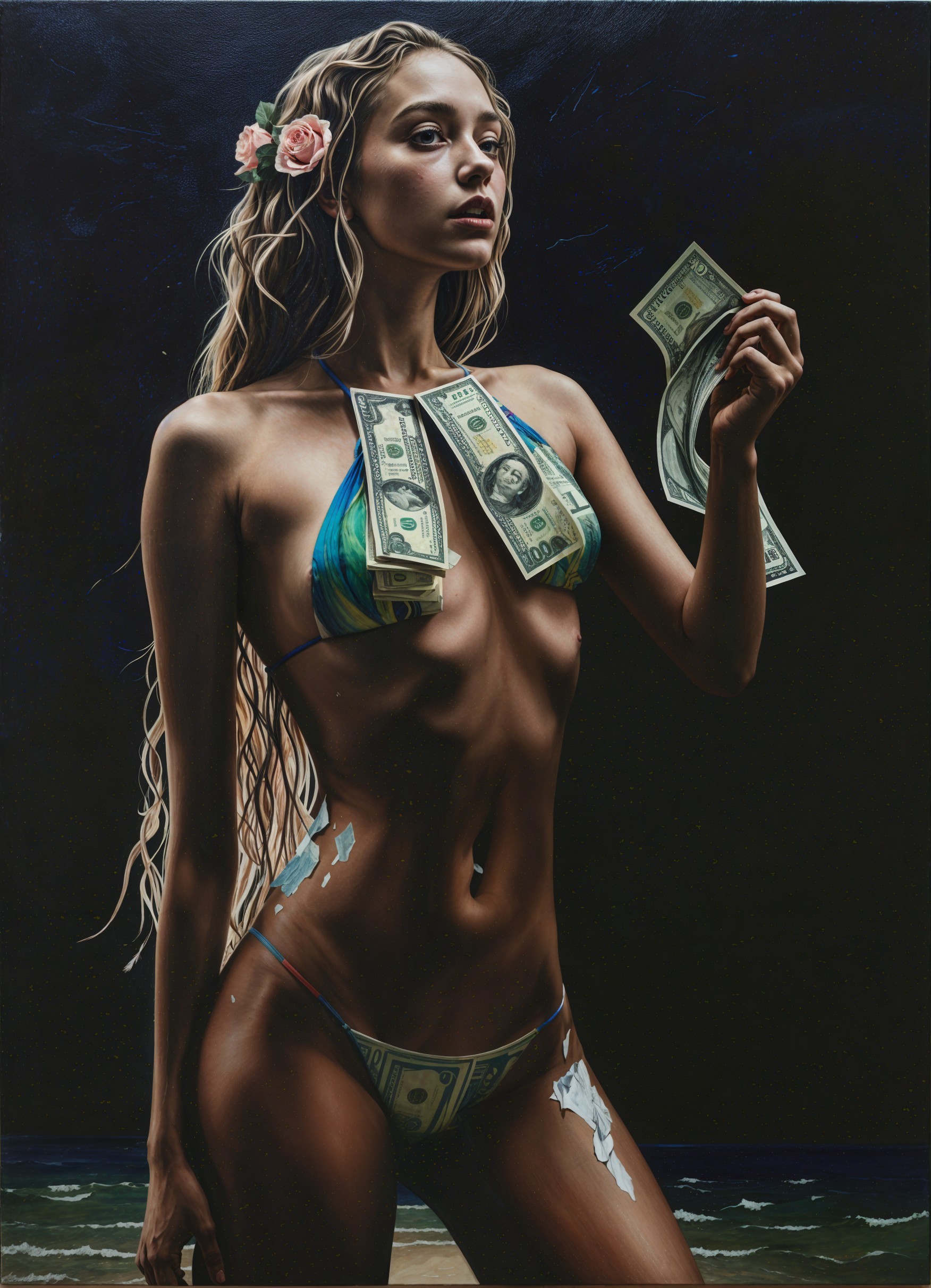Young Woman on Beach in Dollar Bill Bikini Artwork
