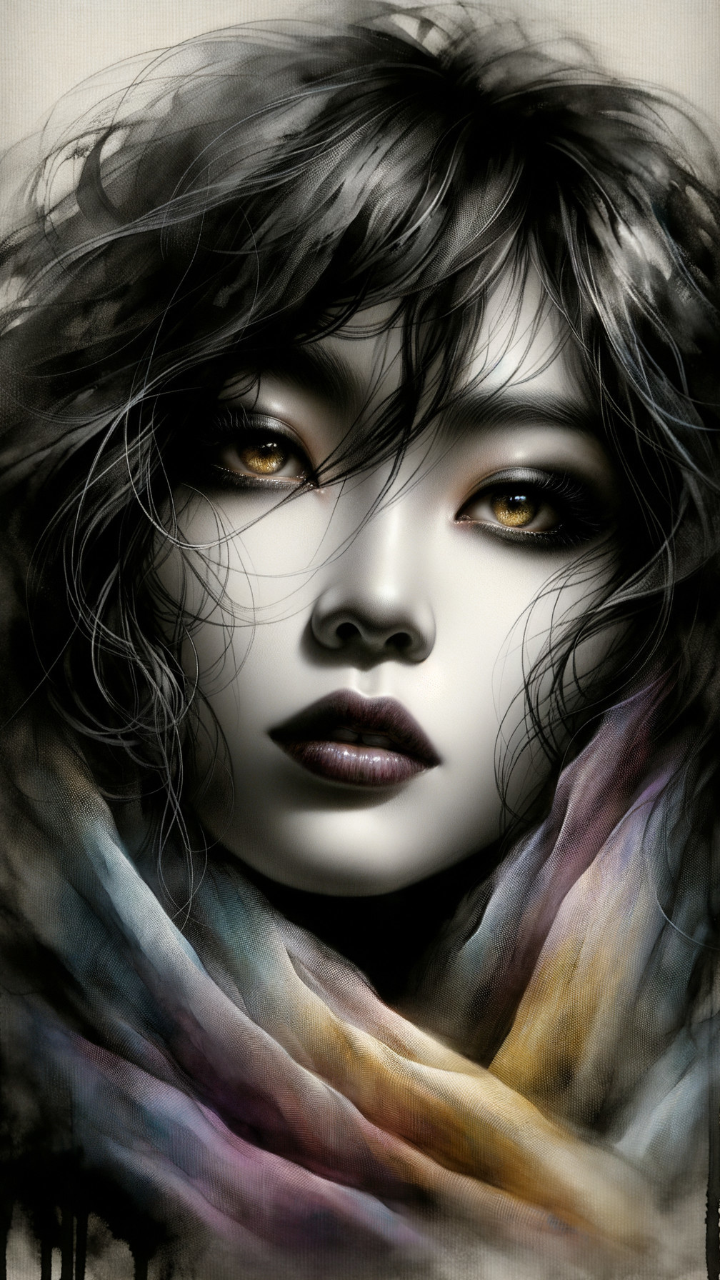 Close-up of a woman's face with golden eyes and scarf