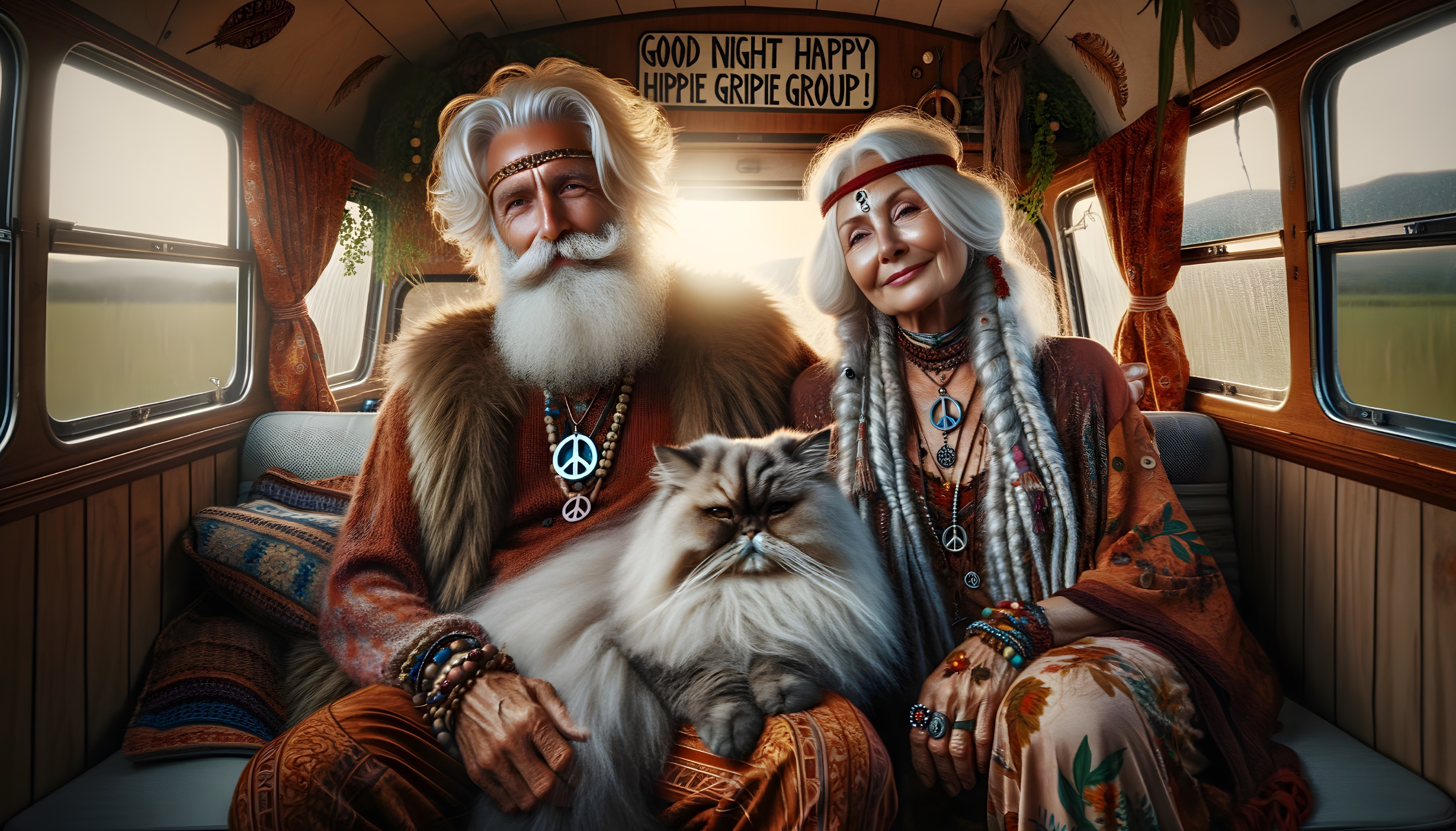 Joyful Elderly Couple in Vintage Van with Cat