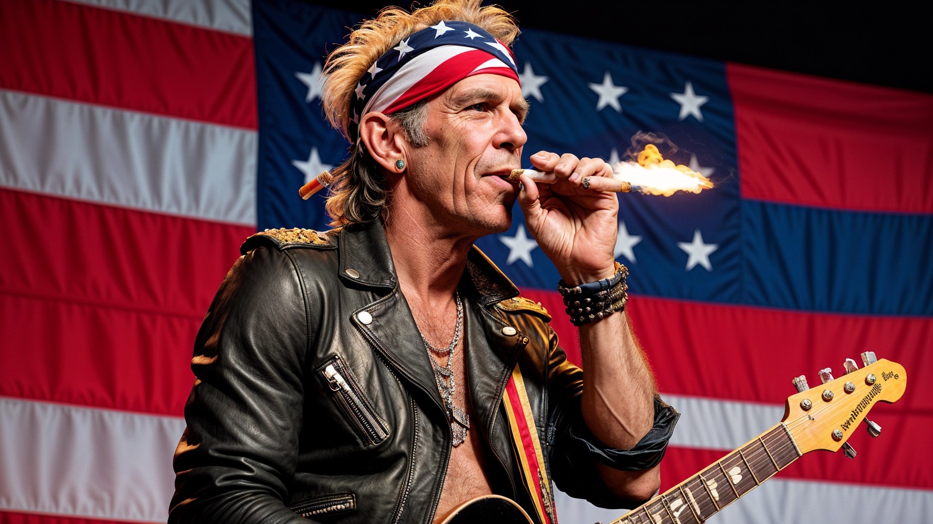 Rock Musician with Guitar and American Flag Background