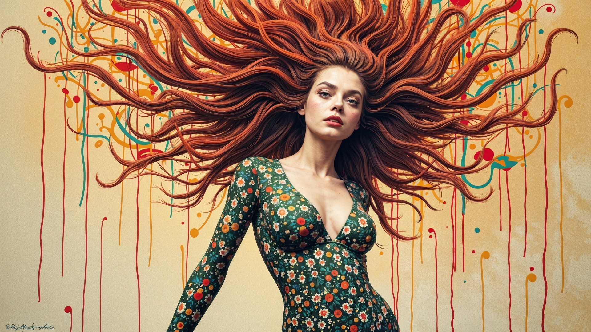 Portrait of a Woman with Vibrant Red Hair and Dress