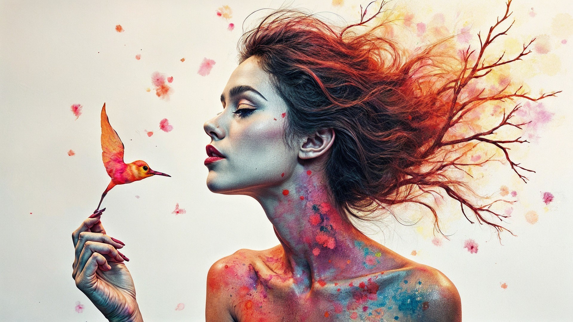 Portrait of a Woman with Nature-Inspired Hair and Bird