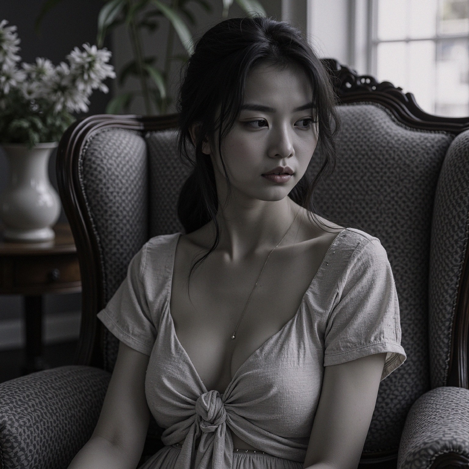 Young woman in vintage chair with serene atmosphere