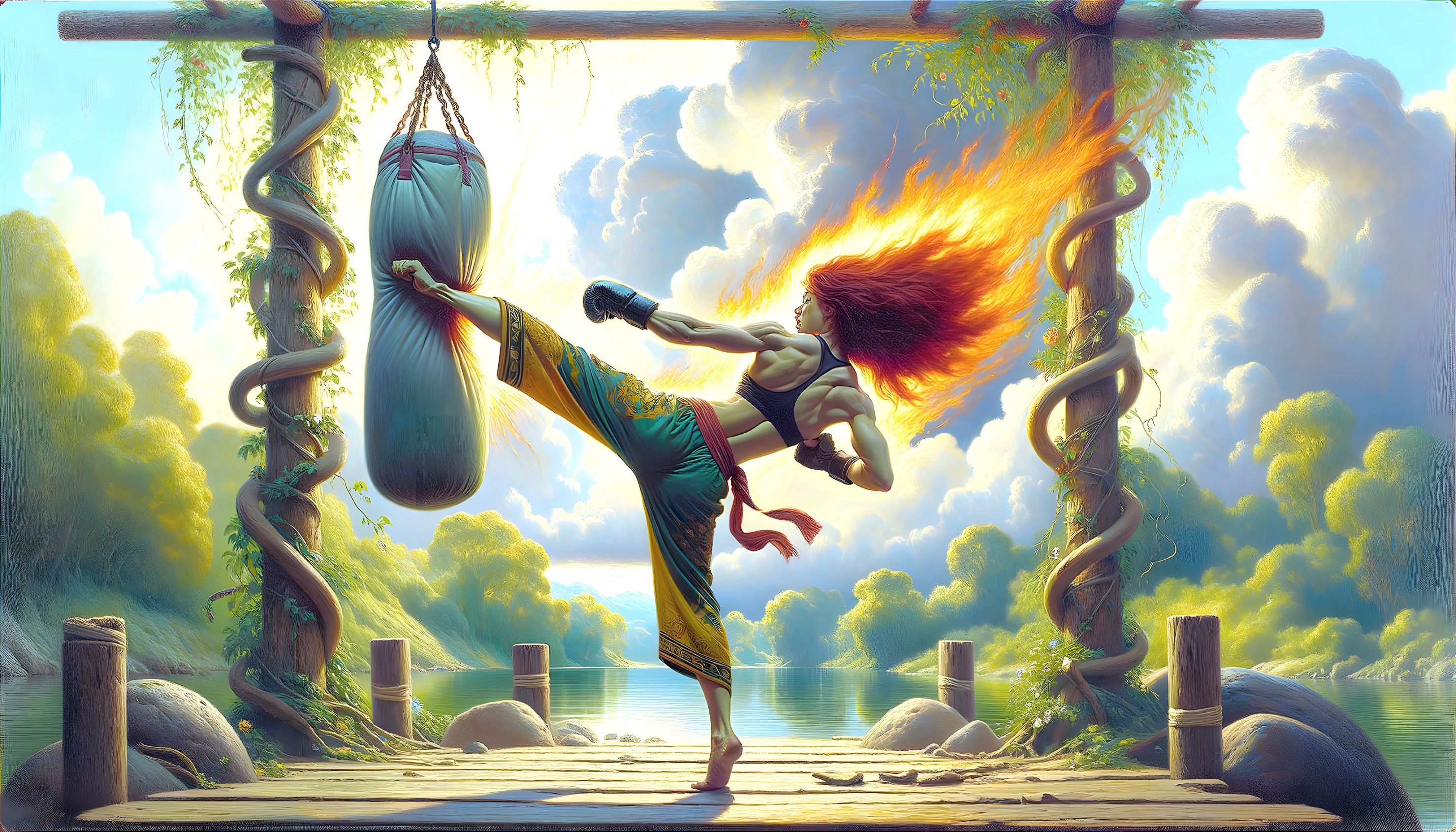 High Kick Against Punching Bag by Serene Water Body