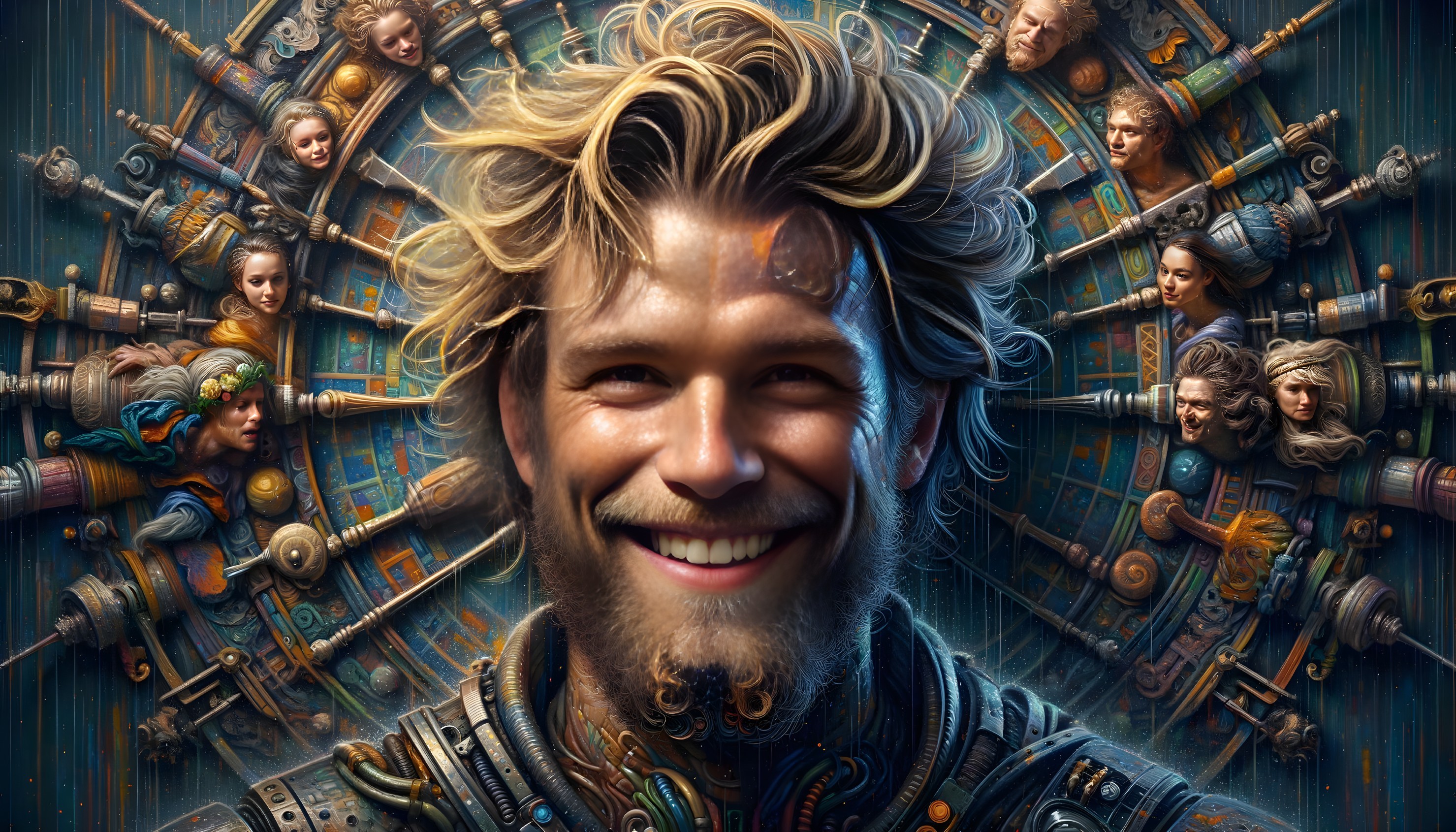 Futuristic Design Featuring a Smiling Man and Emotions