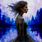 Serene Woman by Tranquil Lake in Nature's Beauty