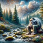 Elderly Gnome by a Babbling Brook in Mountain Landscape
