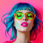 Young woman with teal hair and oversized sunglasses