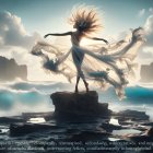Woman in White Dress by Rocky Sea with Dramatic Waves