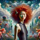Young Woman with Red Hair in Surreal Floral Scene