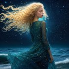 Woman in Teal Dress by Ocean Under Starry Sky
