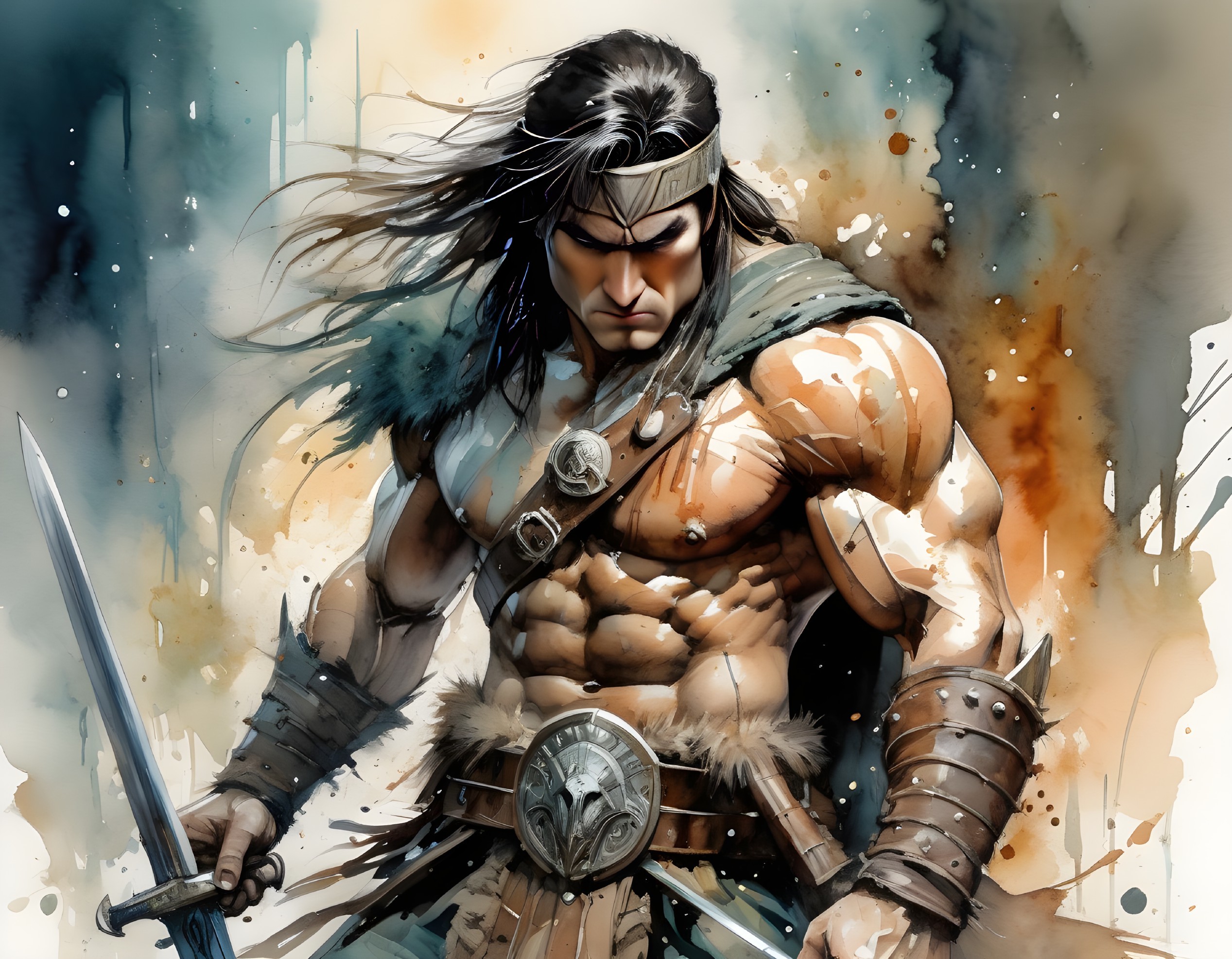 Muscular Warrior with Sword in Vibrant Background