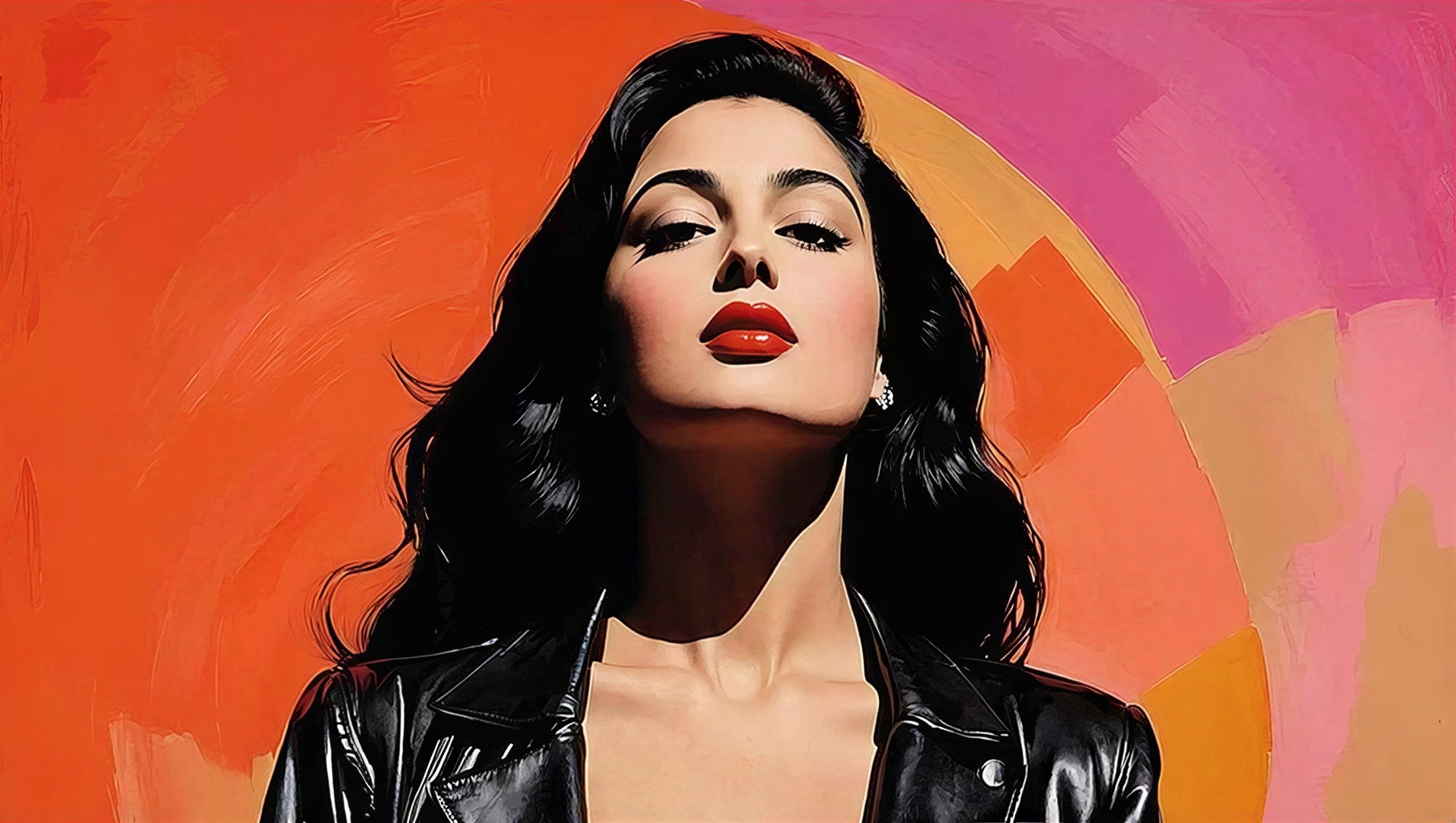 Woman in leather jacket with abstract sunset background