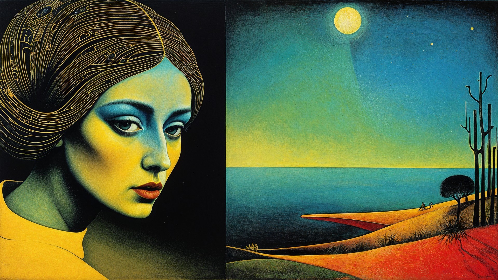 Split Composition of Ethereal Figure and Tranquil Landscape